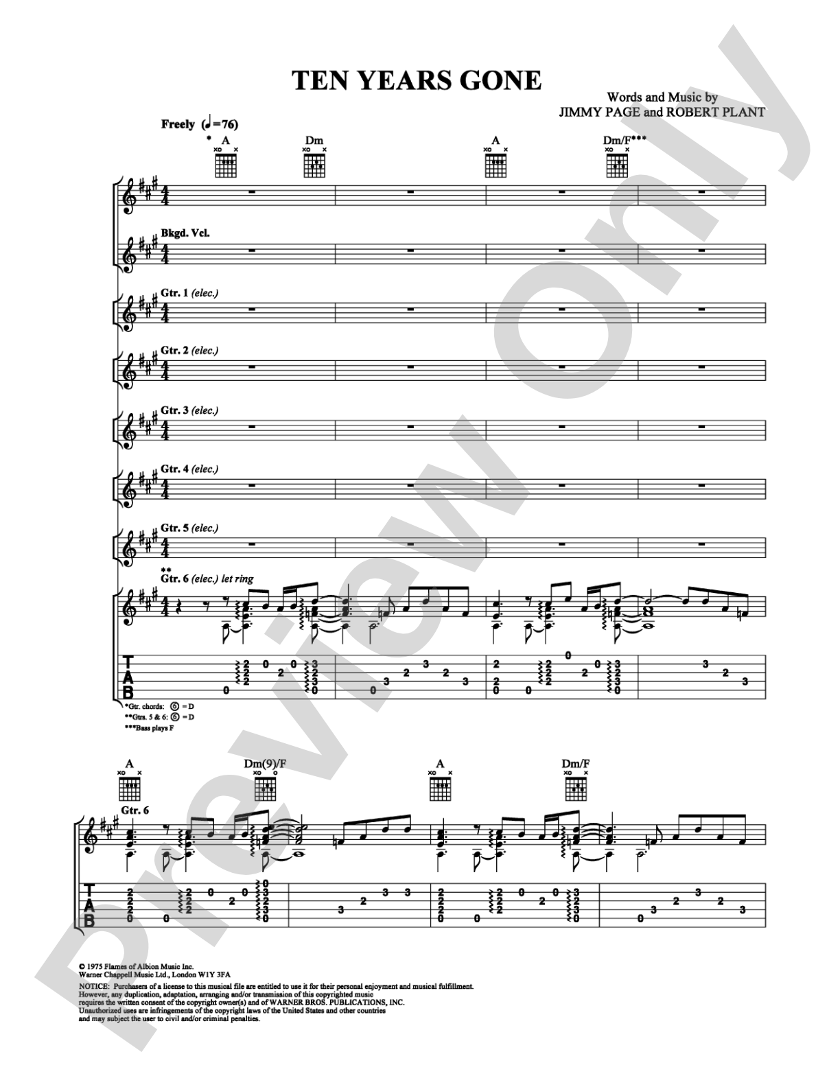 Ten Years Gone: Guitar TAB Digital Sheet Music