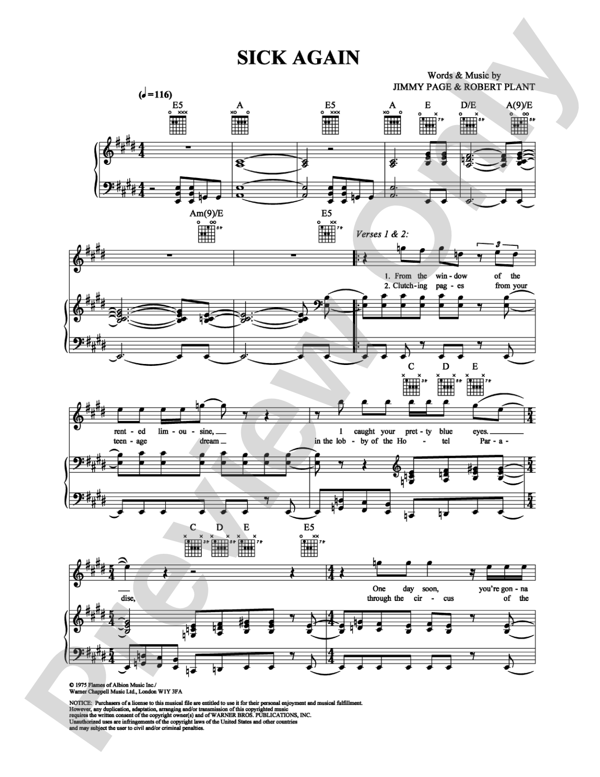 Sick Again: Piano/Vocal/Chords Digital Sheet Music