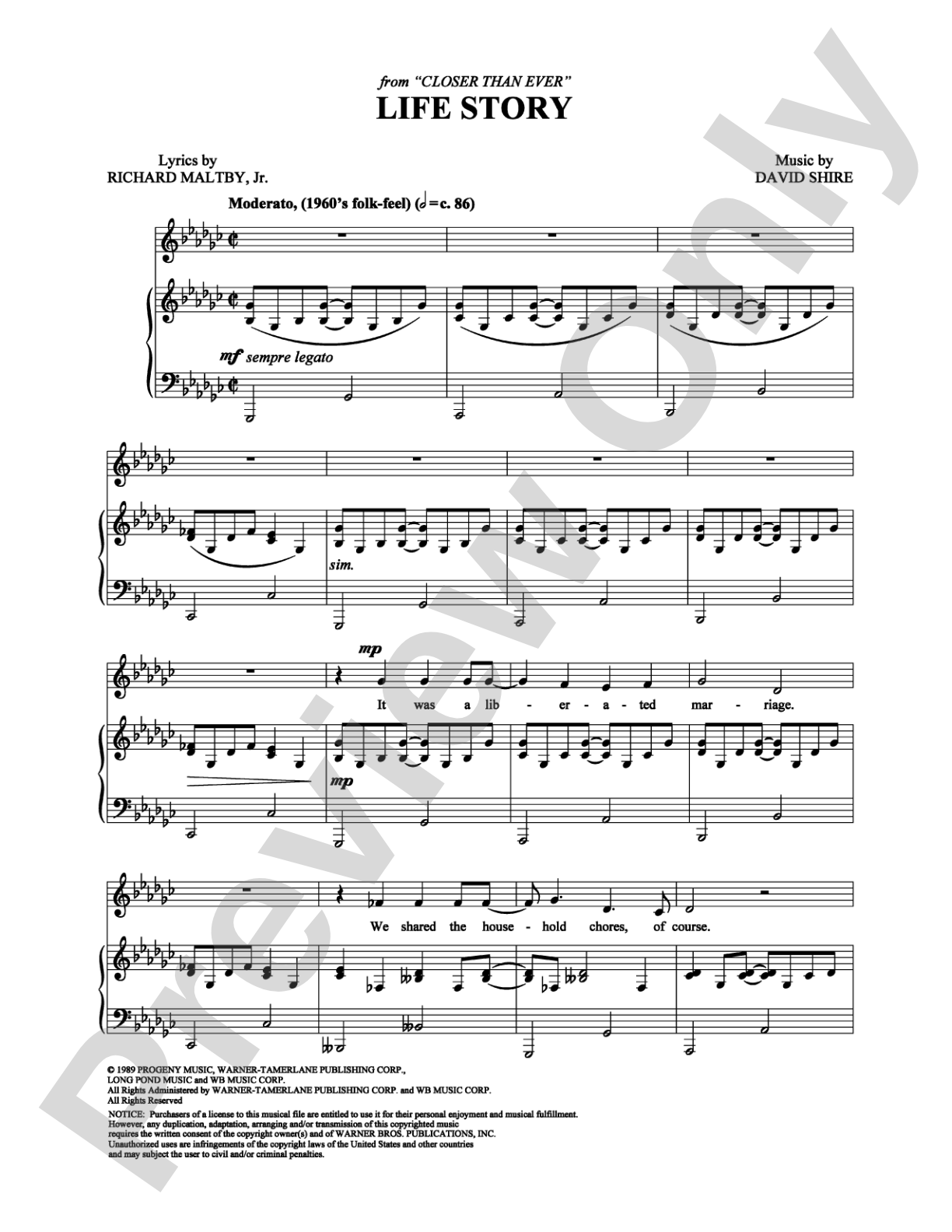 Life Story: Piano/Vocal/Chords Digital Sheet Music