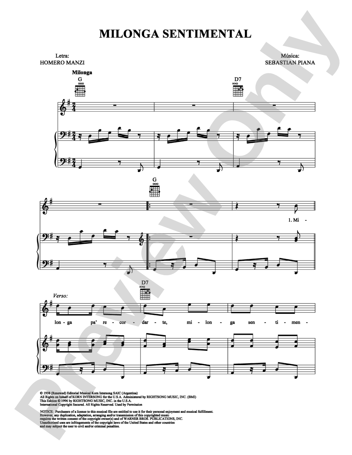 Milonga Sentimental: Piano/Vocal/Chords Digital Sheet Music