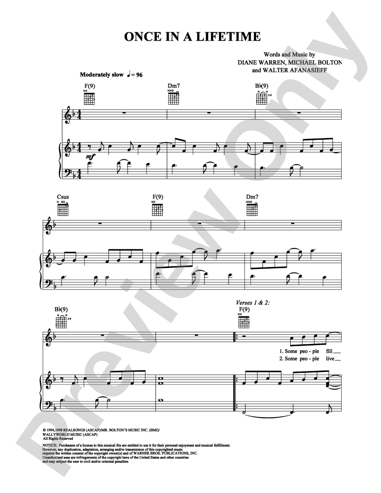 Once in a Lifetime: Piano/Vocal/Chords Digital Sheet Music