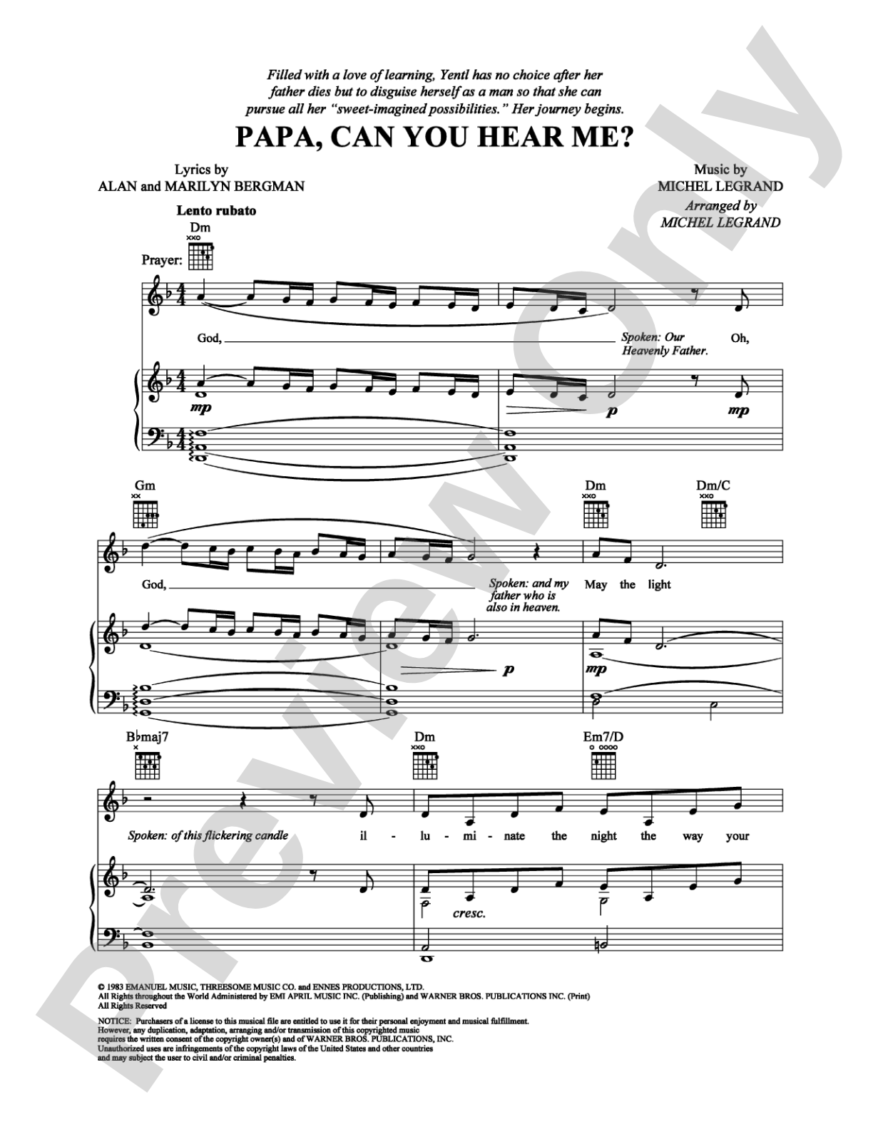 Papa, Can You Hear Me?: Piano/Vocal/Chords Digital Sheet Music