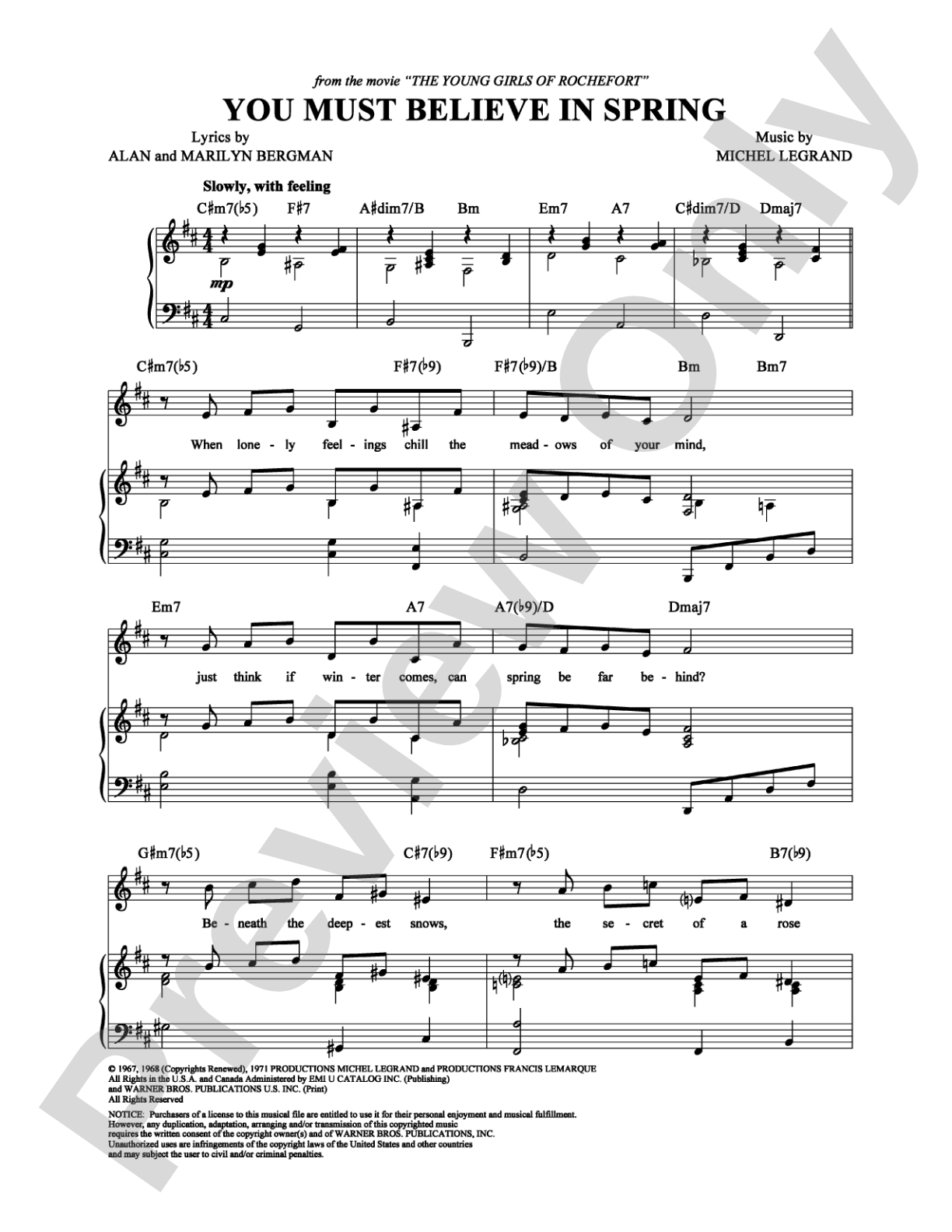 You Must Believe in Spring: Piano/Vocal/Chords Digital Sheet Music