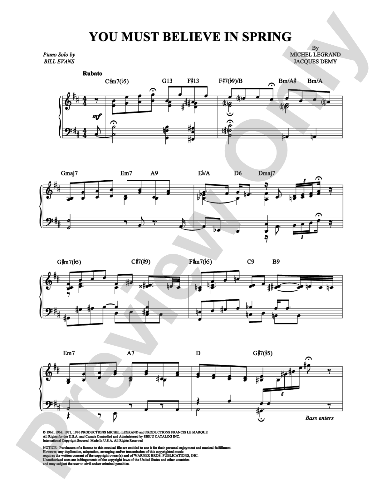 You Must Believe in Spring: Piano Digital Sheet Music