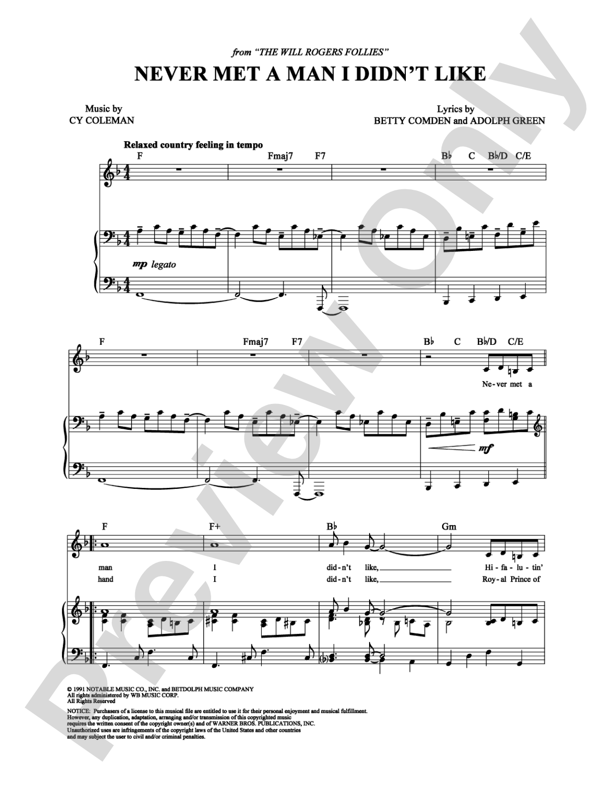 Never Met a Man I Didn't Like: Piano/Vocal/Chords Digital Sheet Music