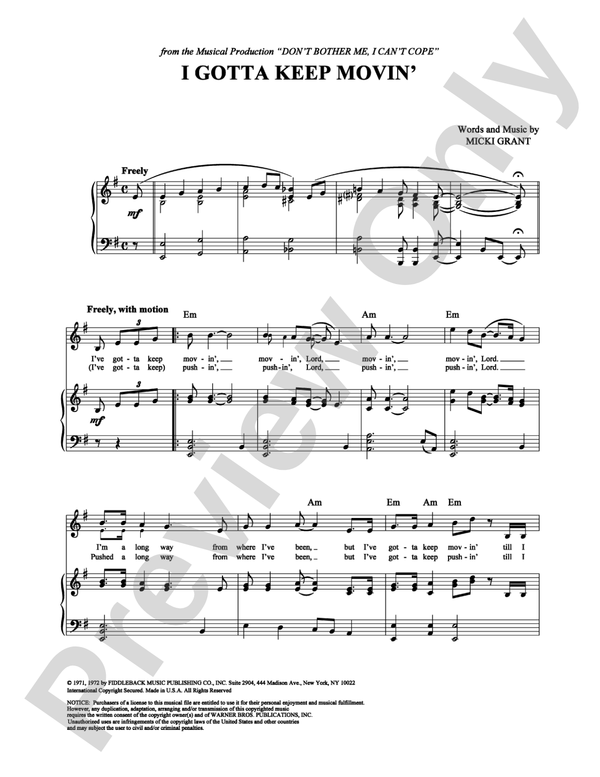 I Gotta Keep Movin': Piano/Vocal/Chords Digital Sheet Music