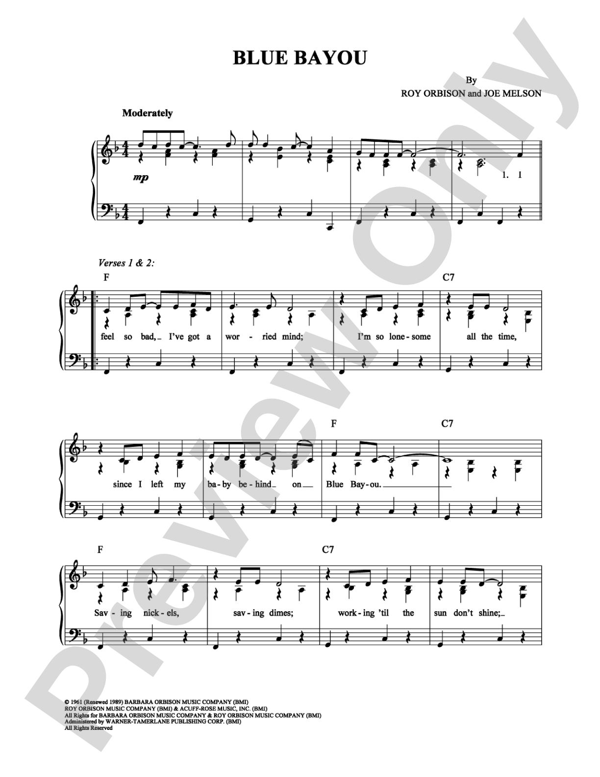 Blue Bayou: Piano/Vocal/Chords Digital Sheet Music