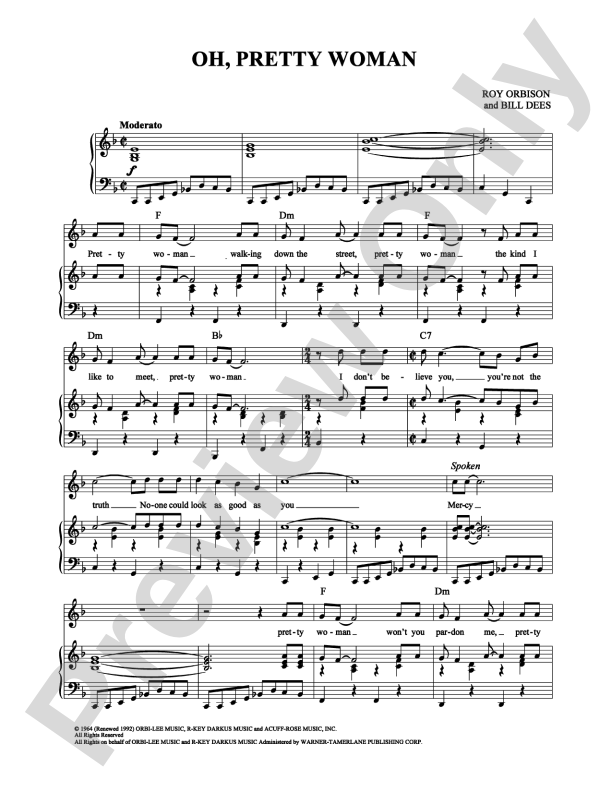 Oh, Pretty Woman: Piano/Vocal/Chords Digital Sheet Music