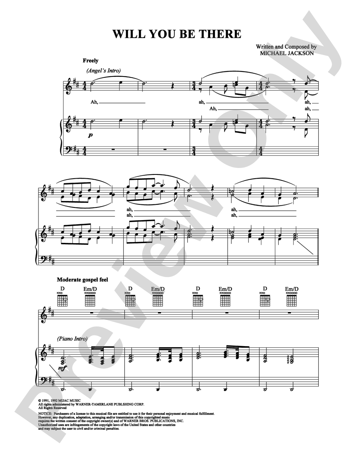 Will You Be There: Piano/Vocal/Chords Digital Sheet Music