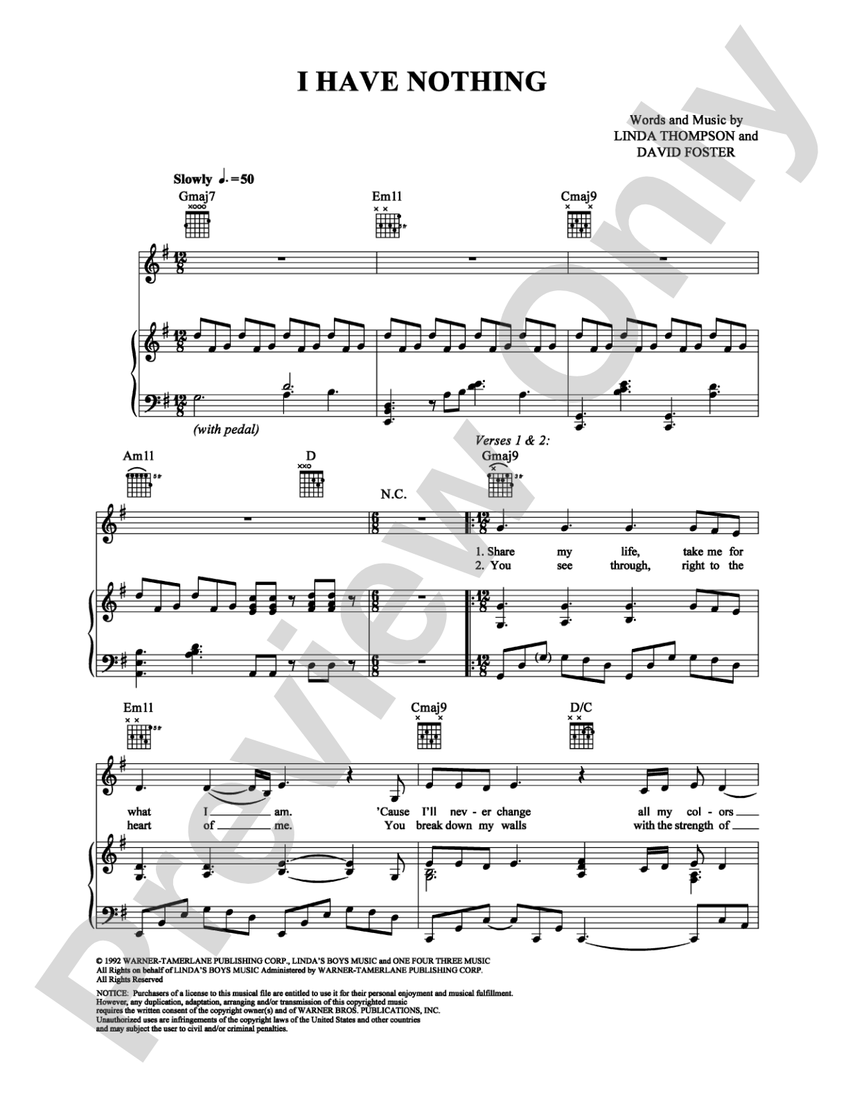 I Have Nothing: Piano/Vocal/Chords Digital Sheet Music