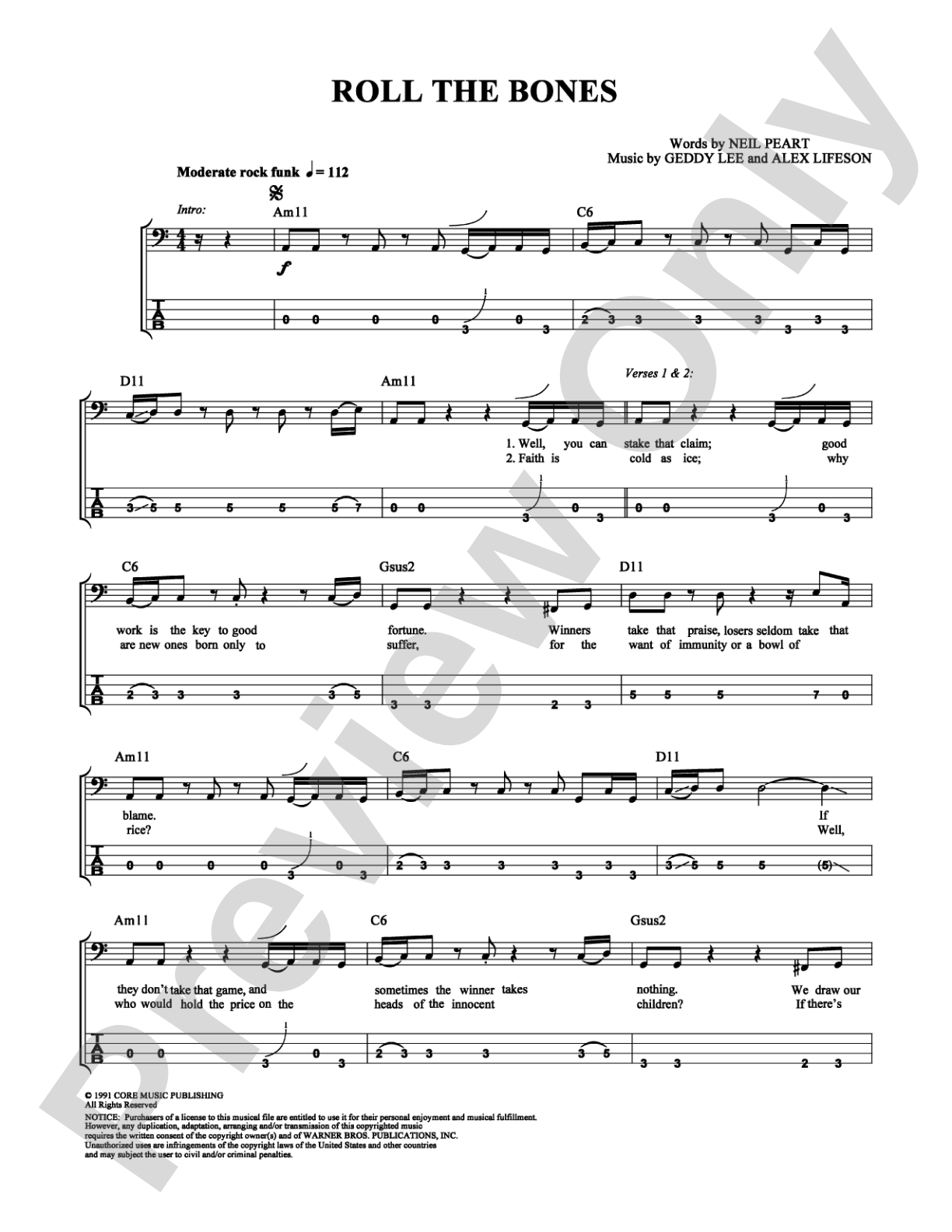 Roll the Bones: Bass TAB Digital Sheet Music