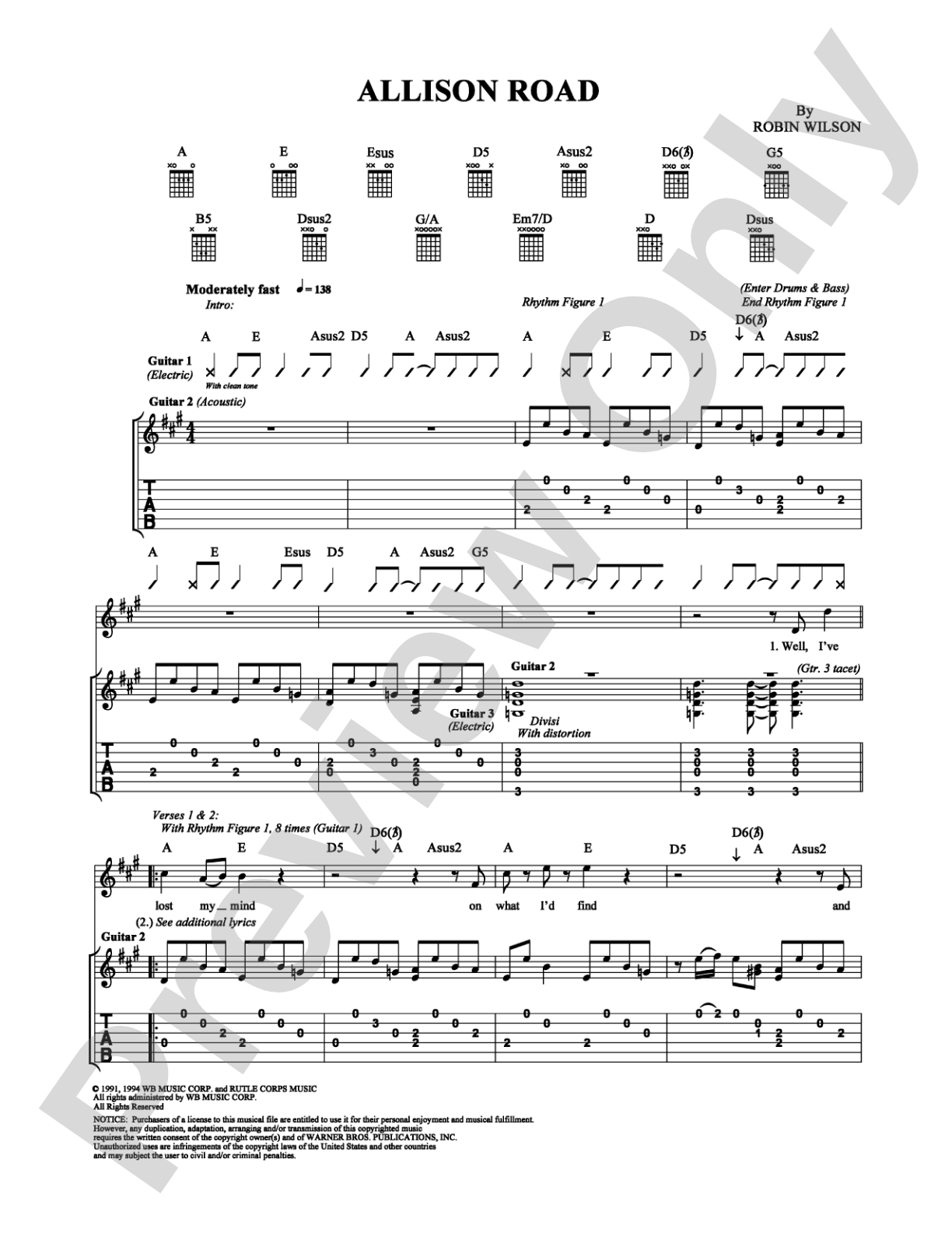 Allison Road: Guitar TAB Digital Sheet Music