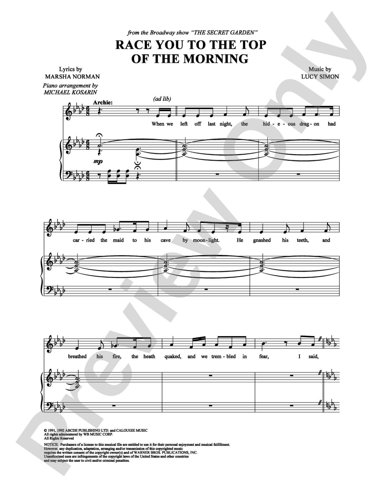 Race You to the Top of the Morning: Piano/Vocal/Chords Digital Sheet Music
