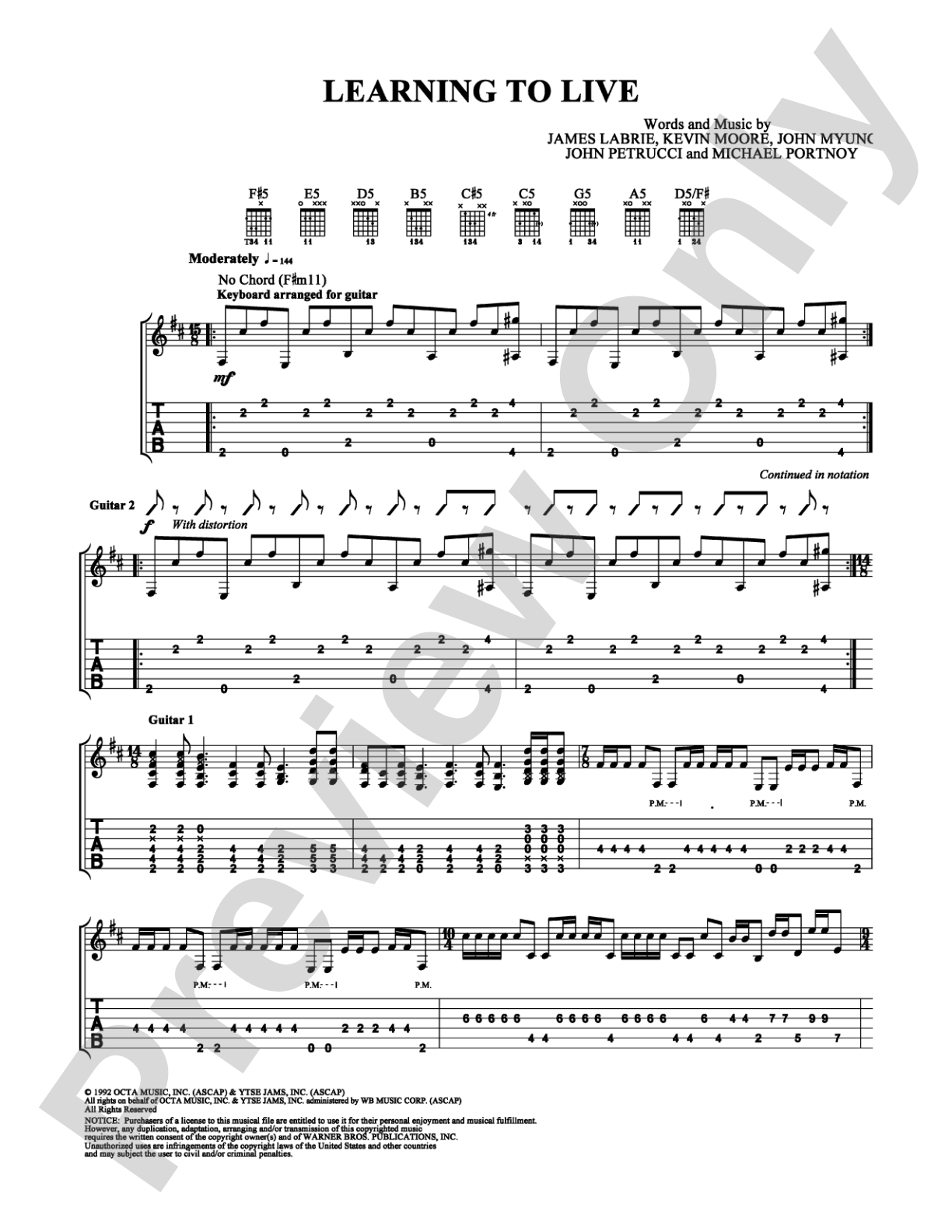 Learning to Live: Guitar TAB Digital Sheet Music