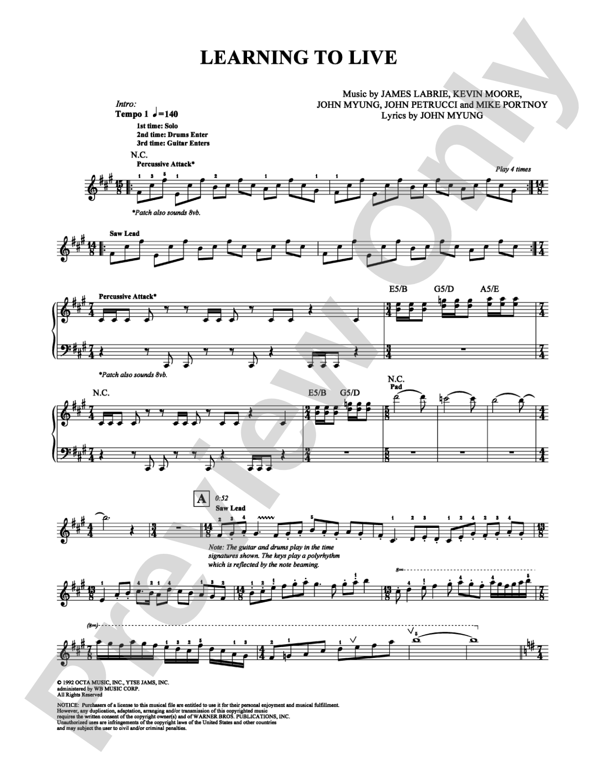 Learning to Live: Piano/Vocal/Chords Digital Sheet Music