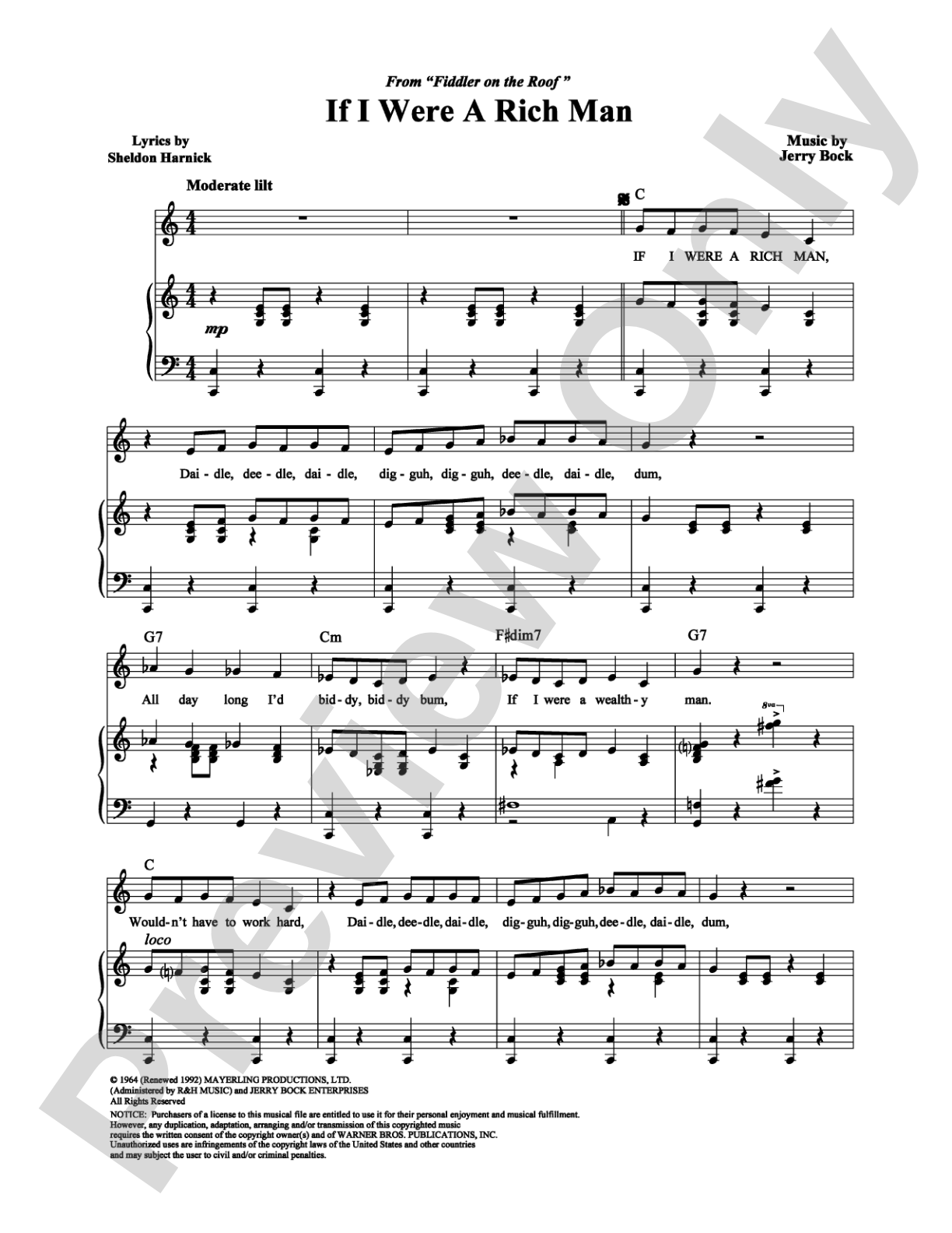 If I Were A Rich Man: Piano/Vocal/Chords Digital Sheet Music