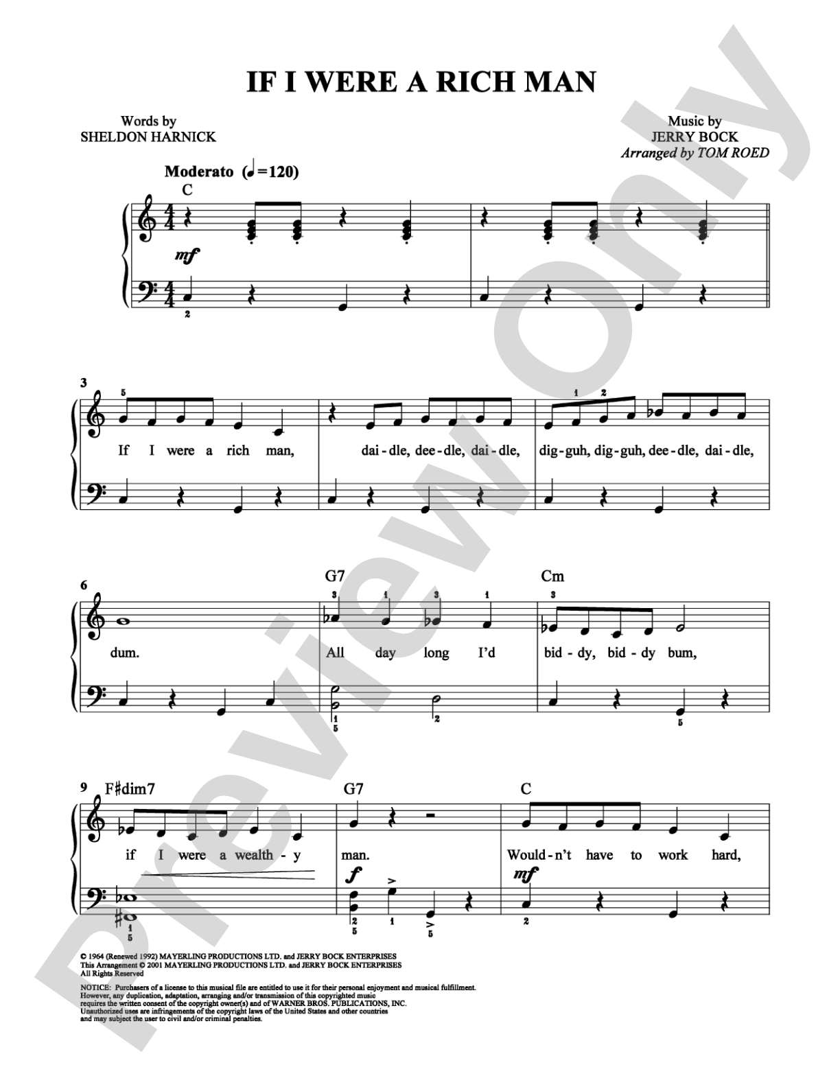 If I Were a Rich Man: Easy Piano Digital Sheet Music