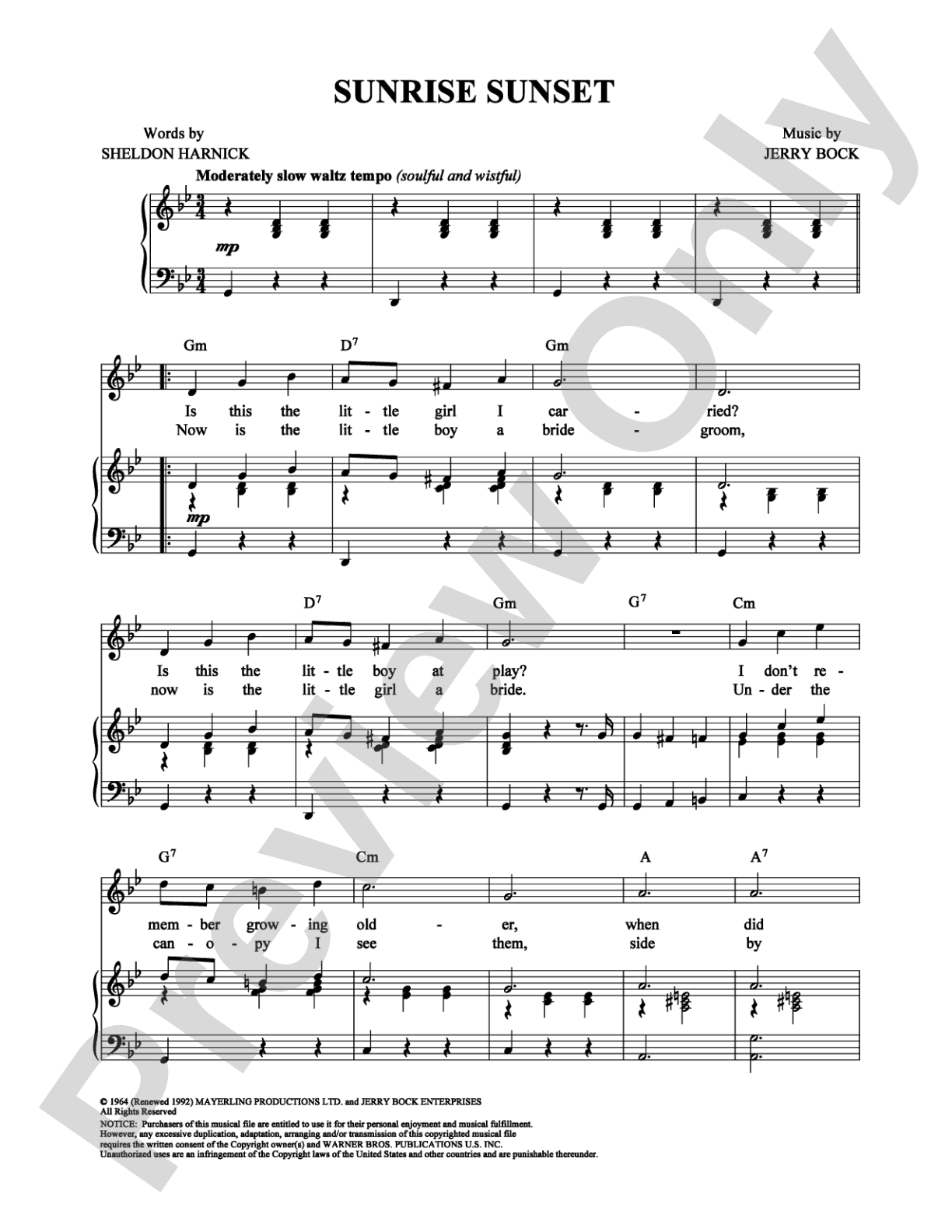Sunrise, Sunset: Piano/Vocal/Chords Digital Sheet Music