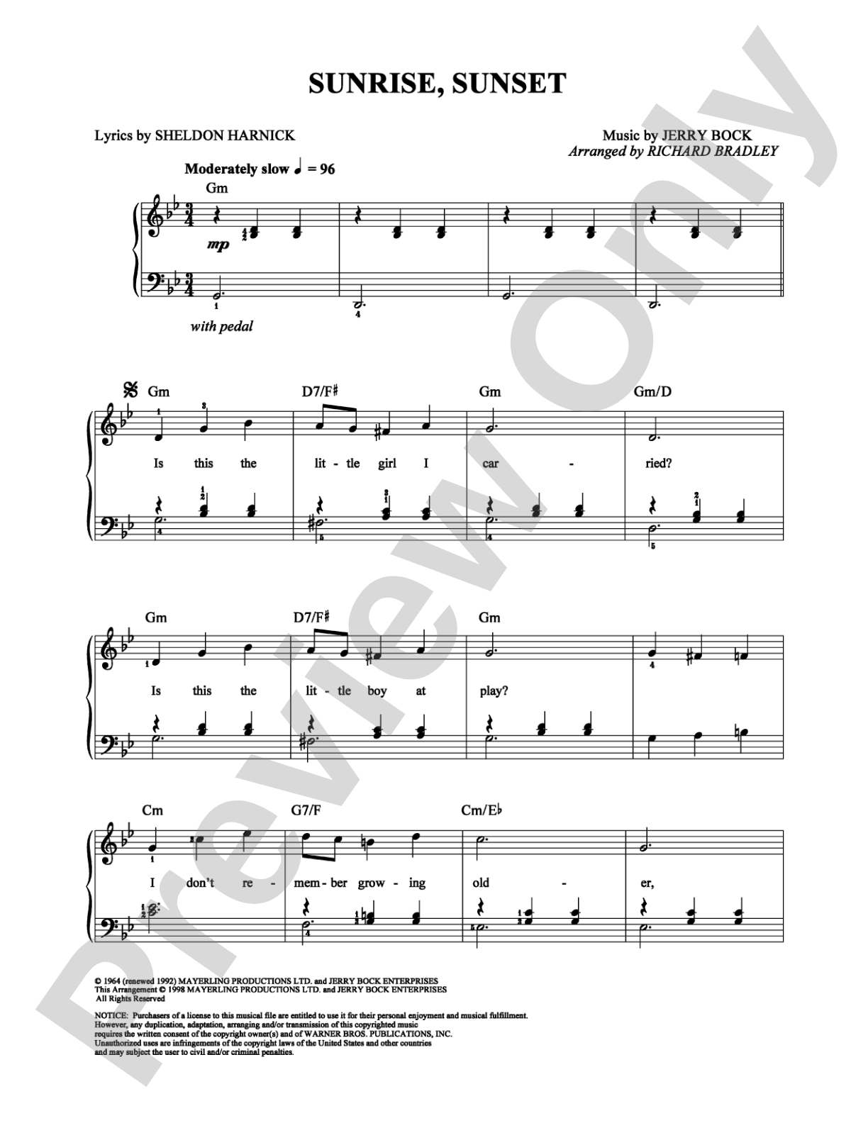 Sunrise, Sunset: Easy Piano Digital Sheet Music