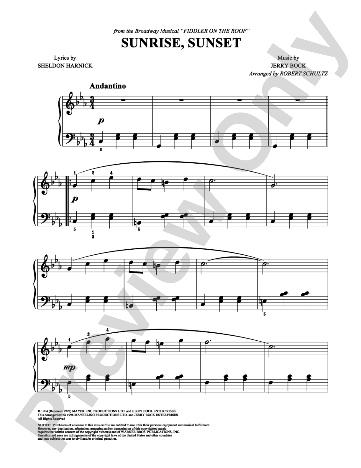 Sunrise, Sunset: Easy Piano Digital Sheet Music