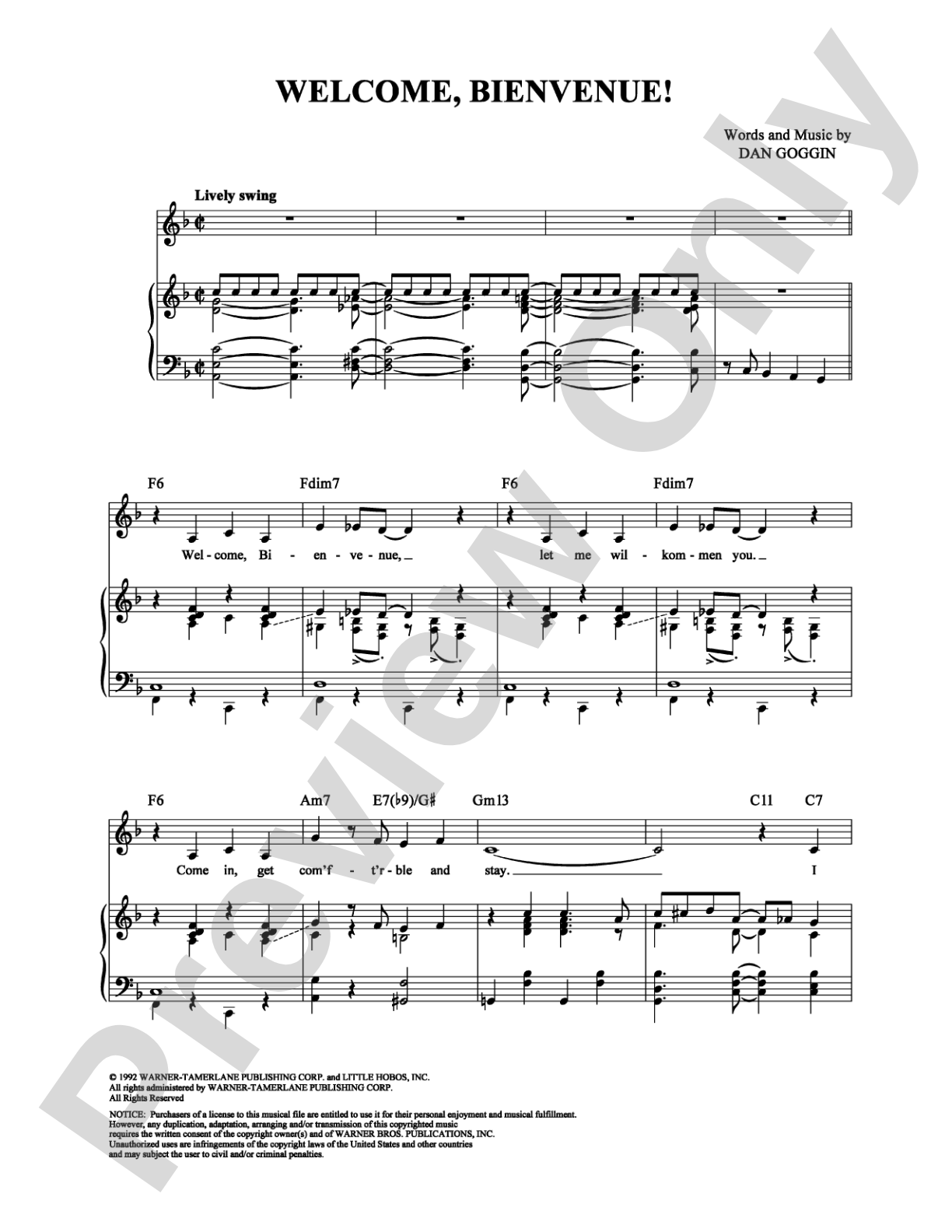 Welcome, Bienvenue!: Piano/Vocal/Chords Digital Sheet Music