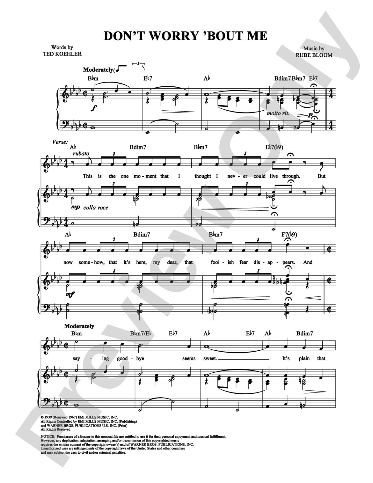 Don't Worry 'Bout Me: Piano/Vocal/Chords Digital Sheet Music