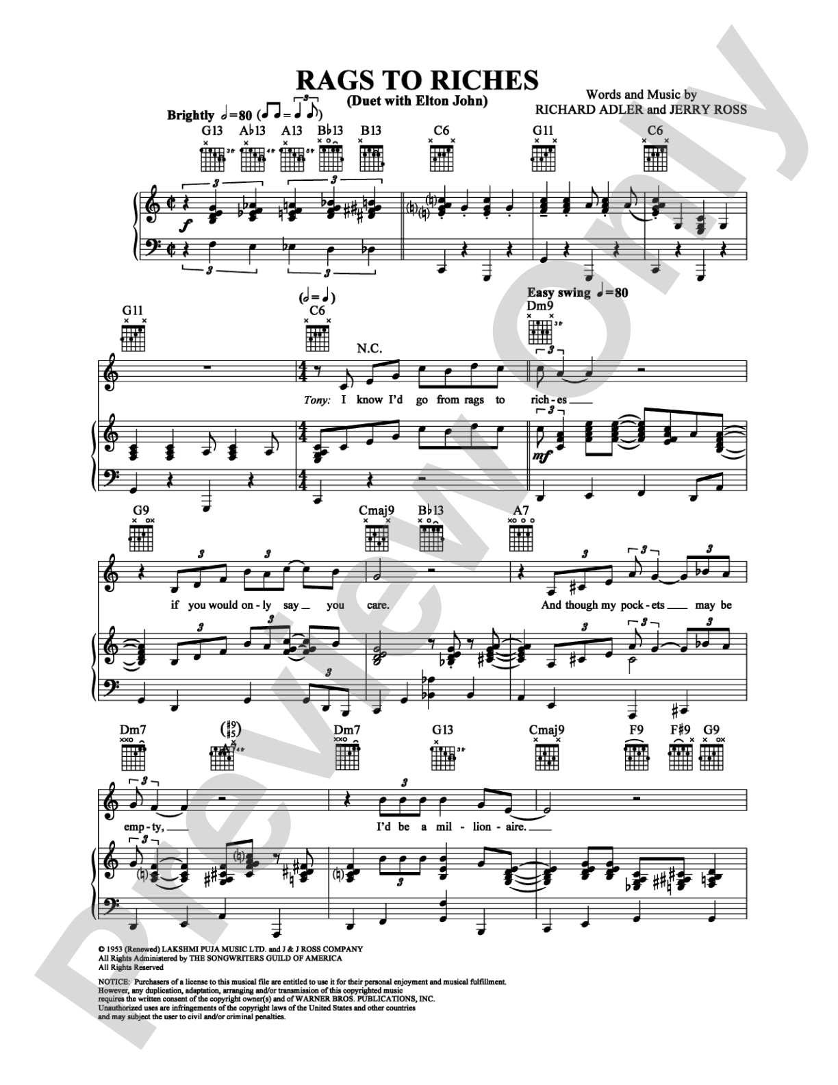 Rags to Riches: Piano/Vocal/Chords Digital Sheet Music