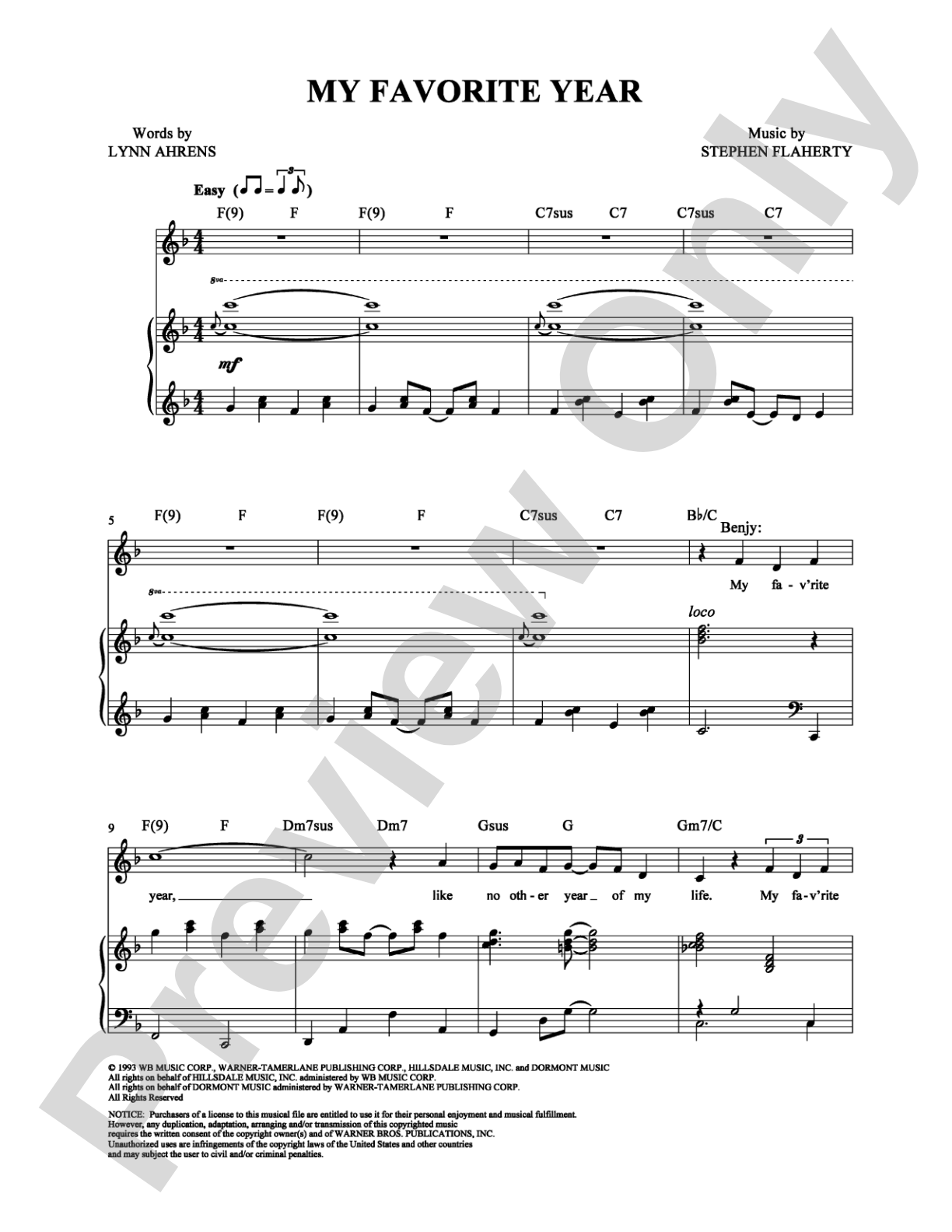 My Favorite Year: Piano/Vocal/Chords Digital Sheet Music