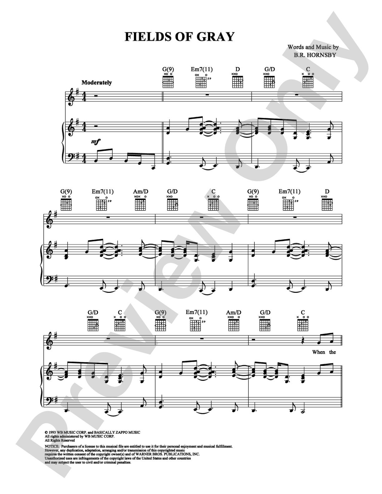 Fields of Gray: Piano/Vocal/Chords Digital Sheet Music
