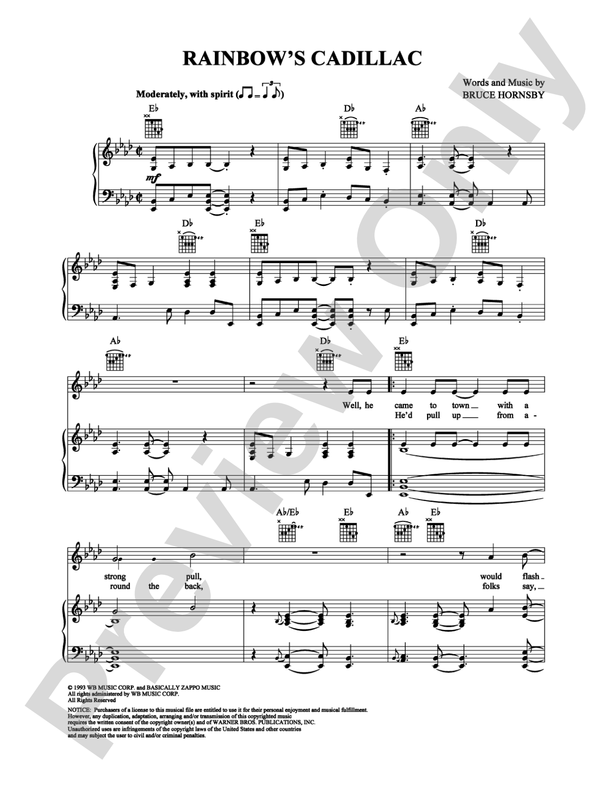 Rainbow's Cadillac: Piano/Vocal/Chords Digital Sheet Music
