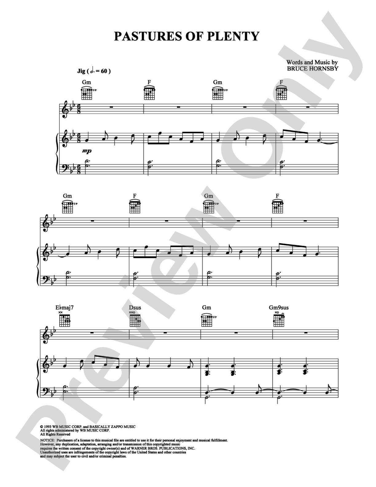 Pastures of Plenty: Piano/Vocal/Chords Digital Sheet Music