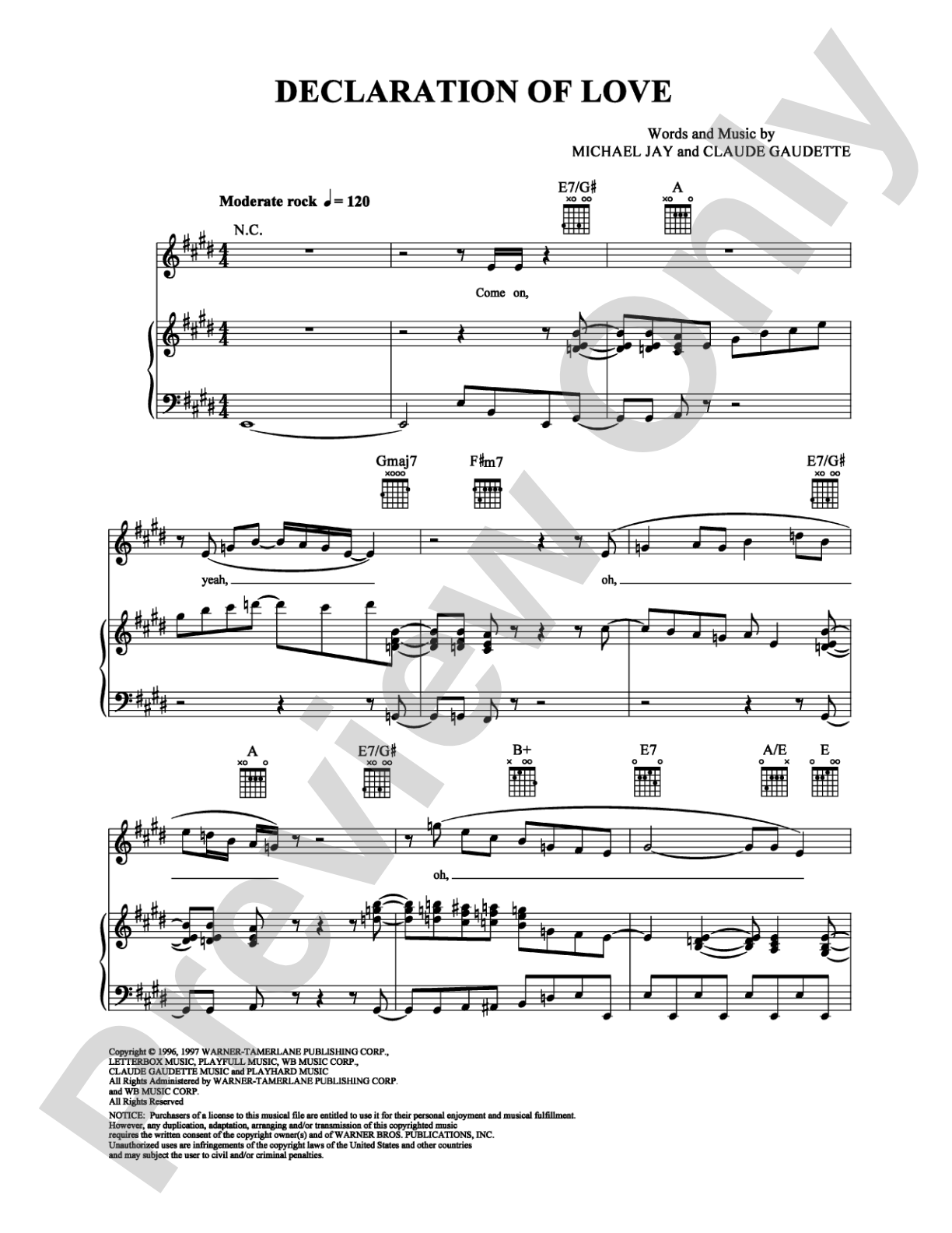 Declaration of Love: Piano/Vocal/Chords Digital Sheet Music