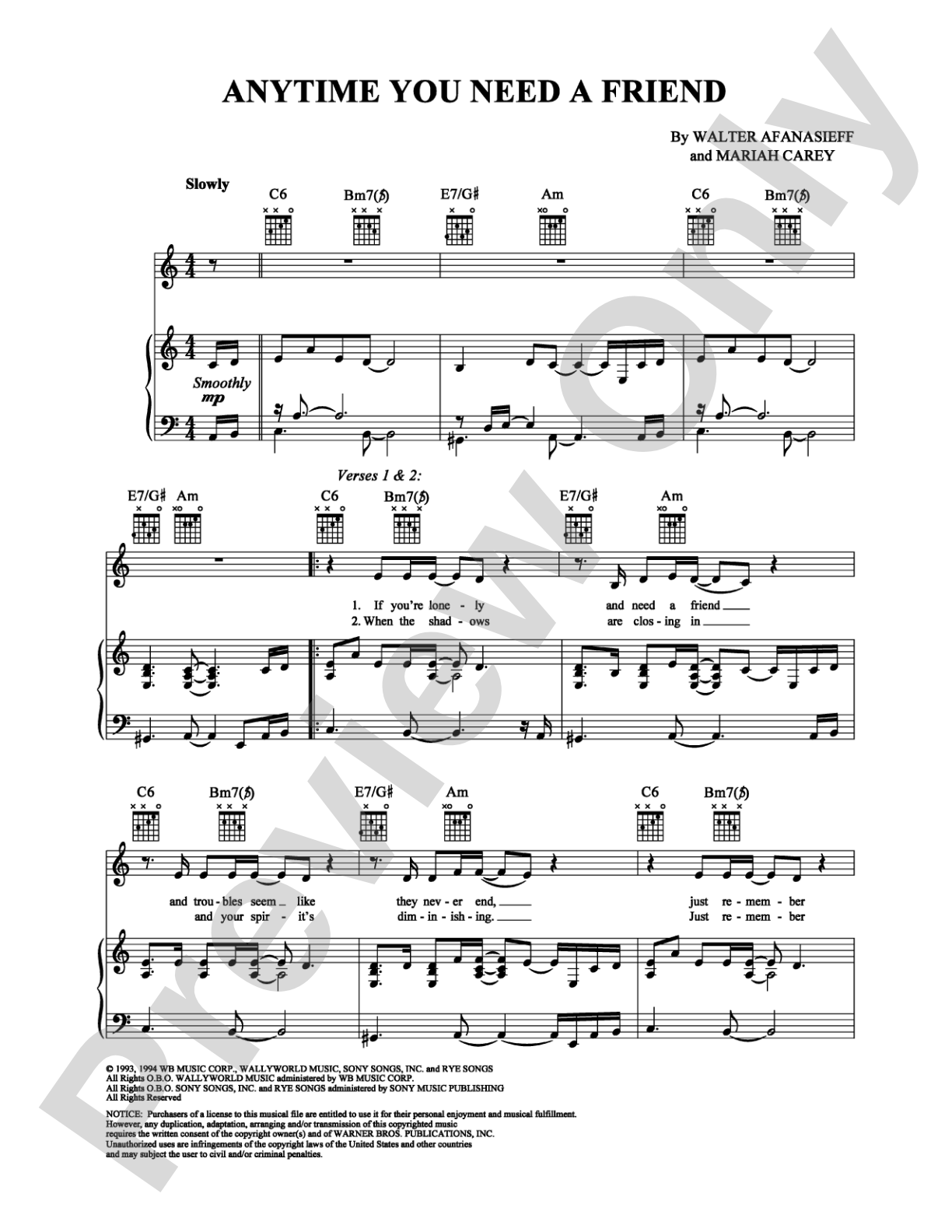 Anytime You Need A Friend: Piano/Vocal/Chords Digital Sheet Music