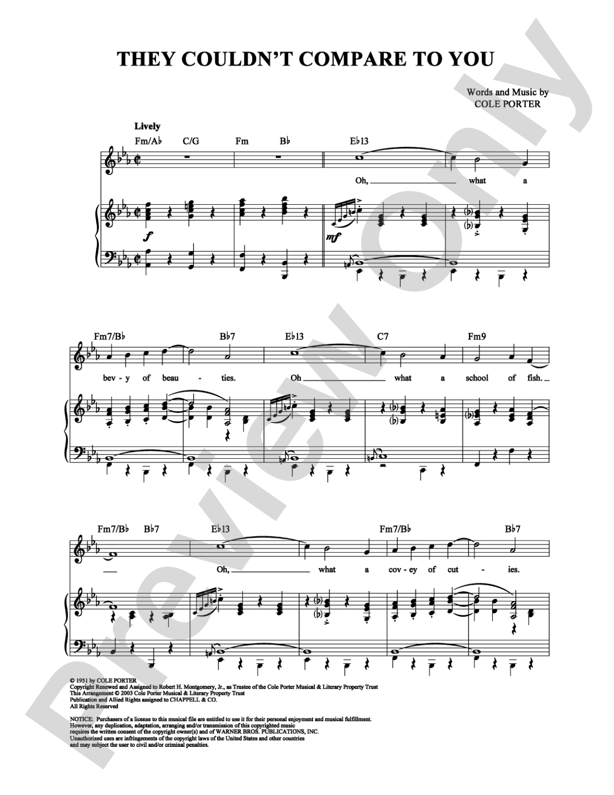 They Couldn't Compare to You: Piano/Vocal/Chords Digital Sheet Music