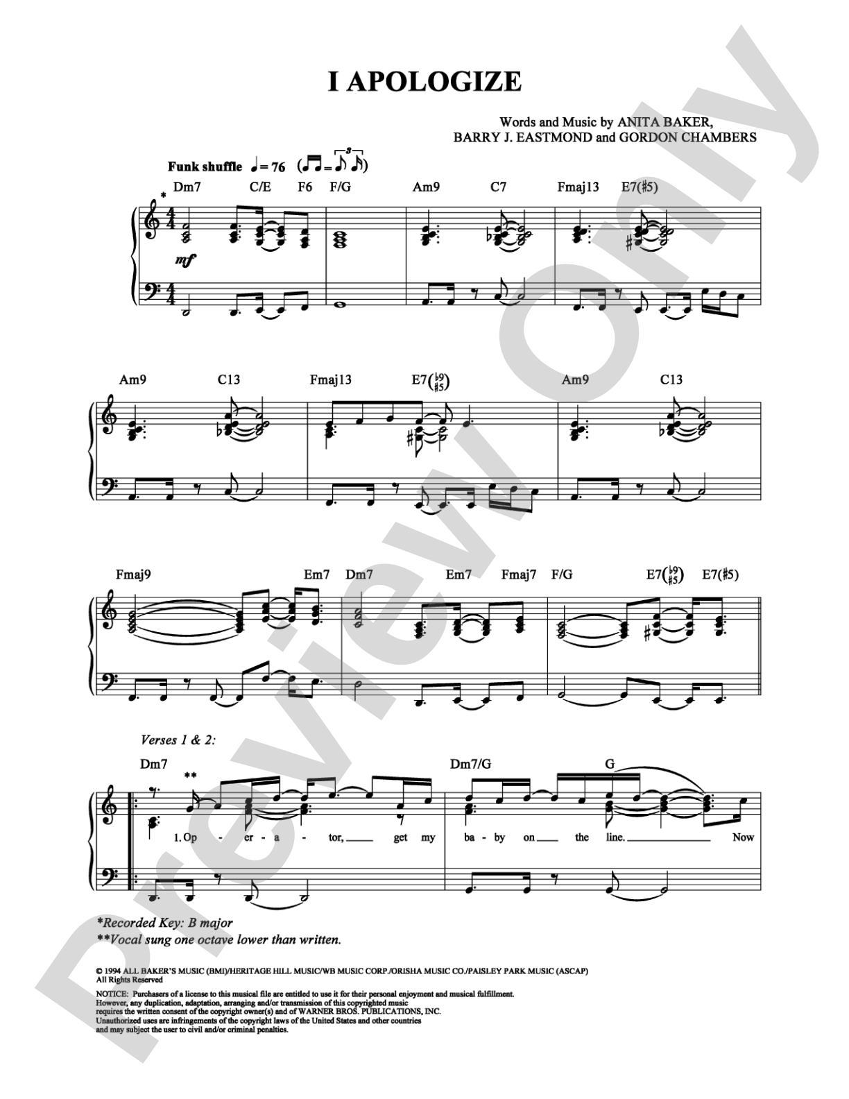 I Apologize: Piano/Vocal/Chords Digital Sheet Music