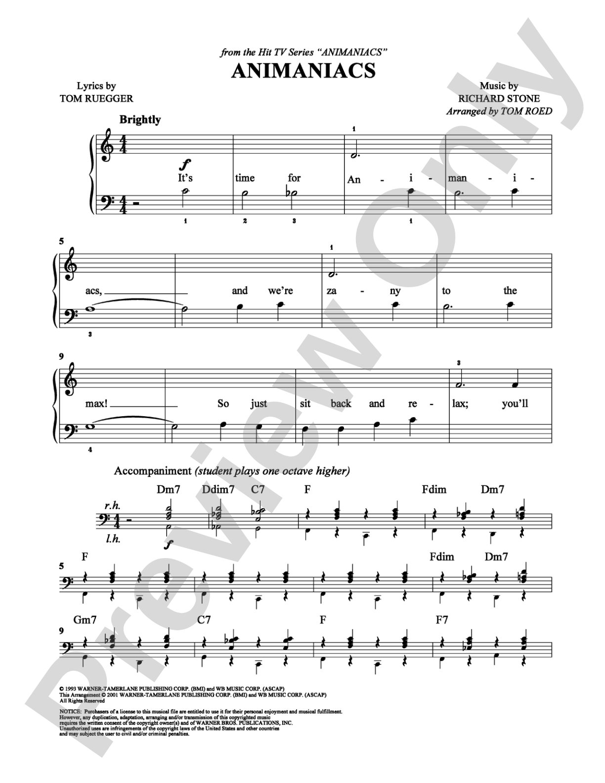 Animaniacs: Easy Piano Digital Sheet Music