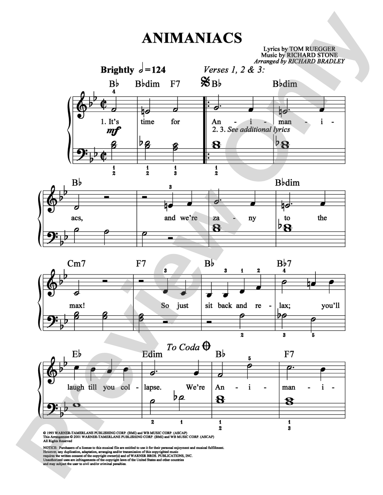 Animaniacs: Easy Piano Digital Sheet Music