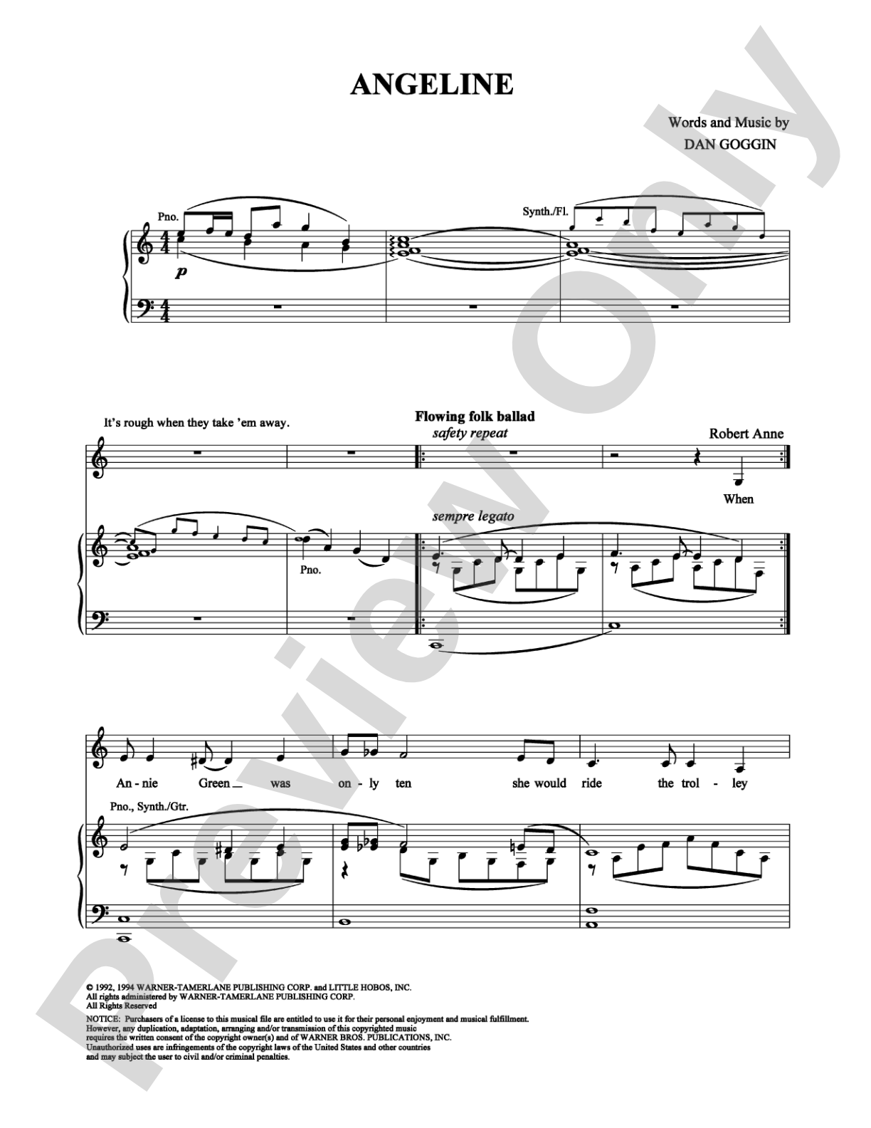 Angeline: Piano/Vocal/Chords Digital Sheet Music