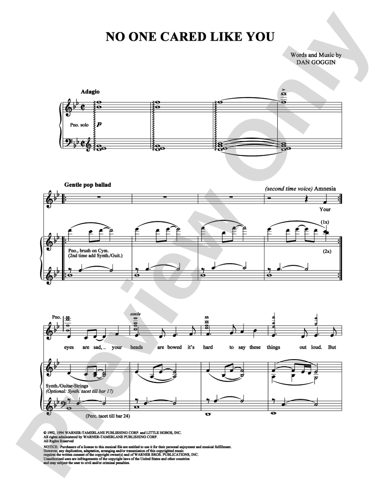 No One Cared Like You: Piano/Vocal/Chords Digital Sheet Music