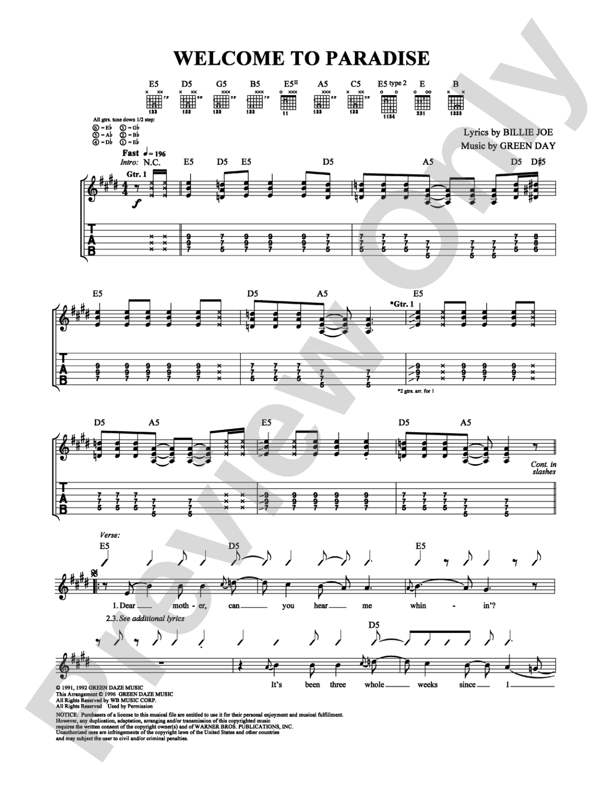 Welcome to Paradise: Guitar TAB Digital Sheet Music
