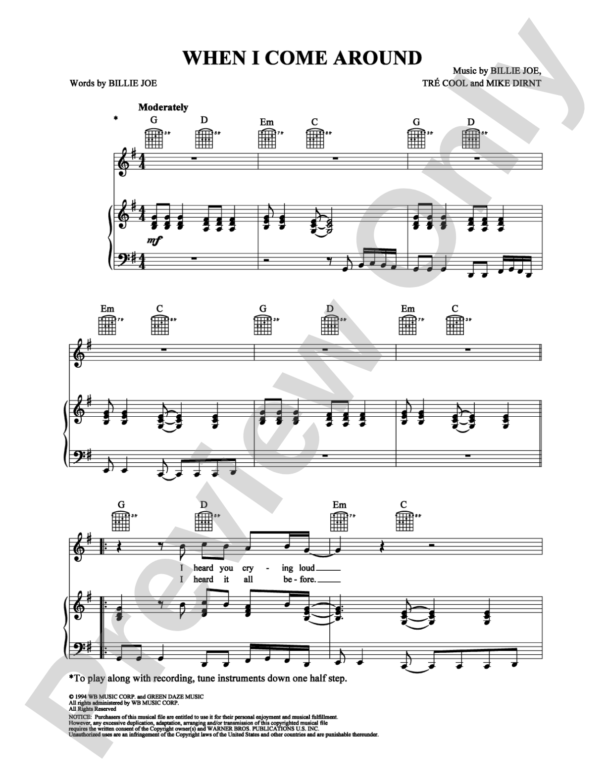 When I Come Around: Piano/Vocal/Chords Digital Sheet Music