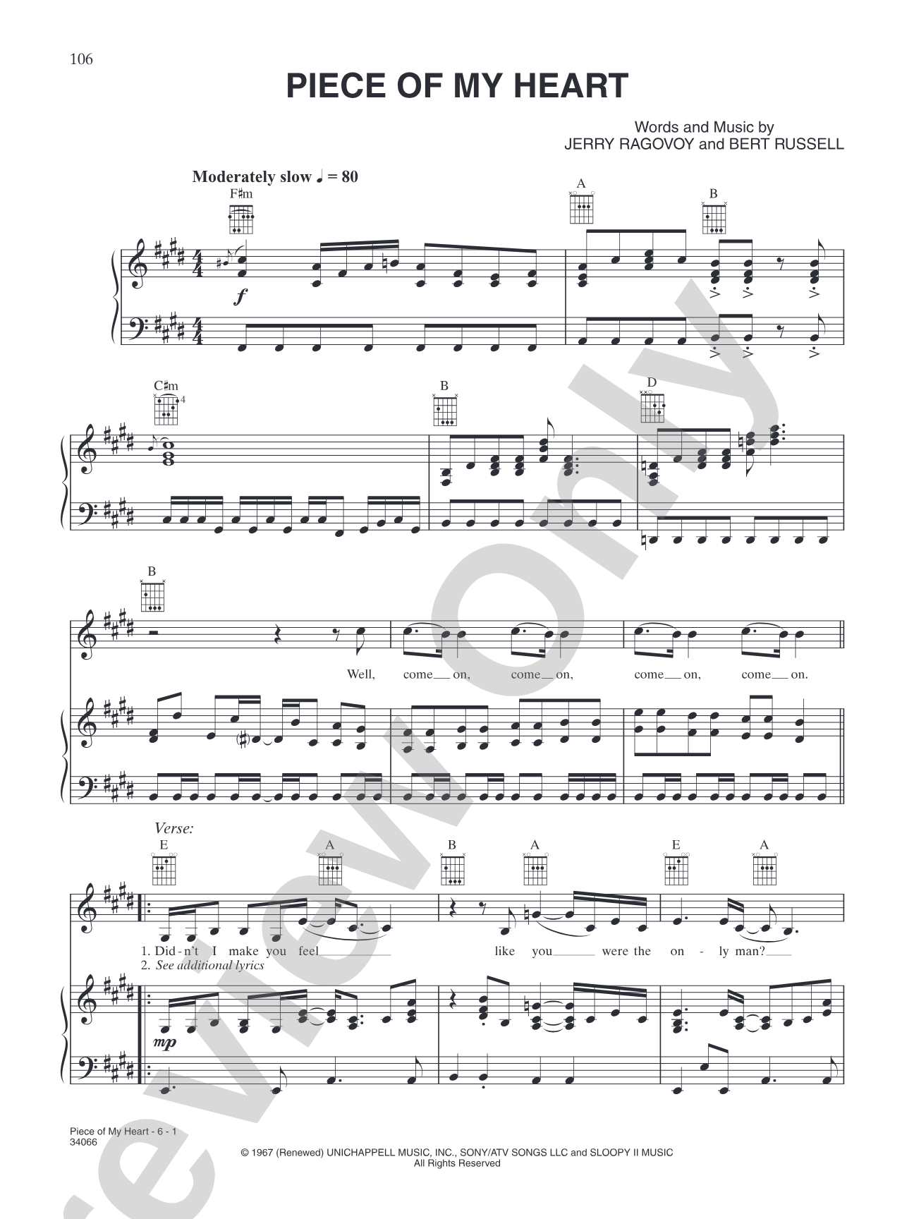 Piece of My Heart: Piano/Vocal/Chords