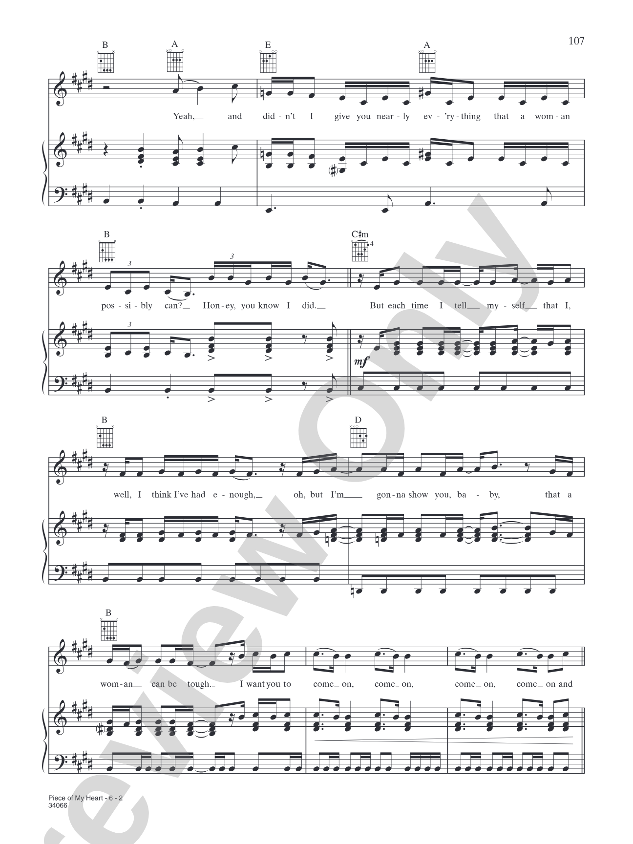 Piece of My Heart: Piano/Vocal/Chords