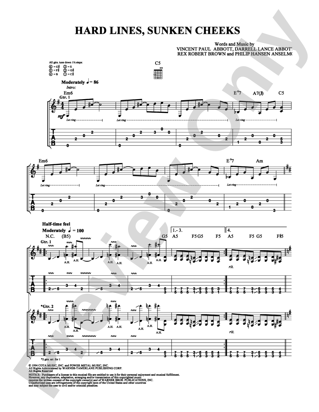 Hard Lines, Sunken Cheeks: Guitar TAB Digital Sheet Music