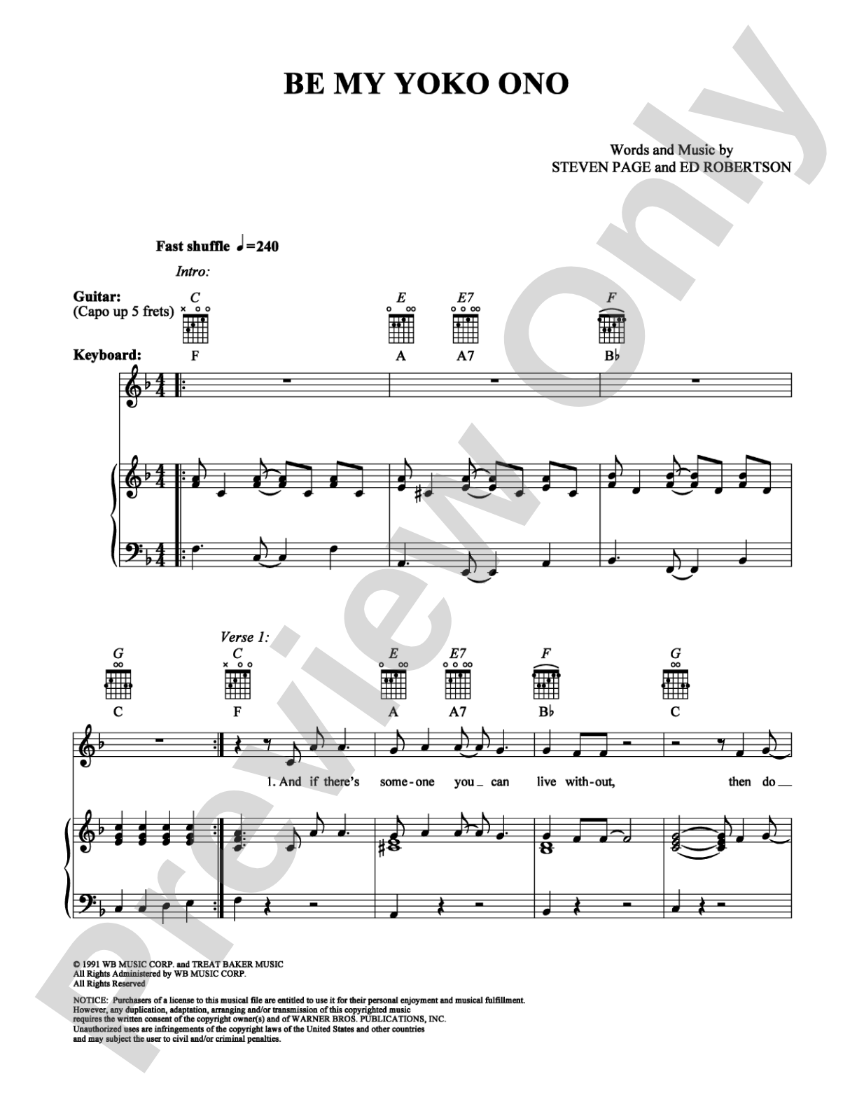 Be My Yoko Ono: Piano/Vocal/Chords Digital Sheet Music