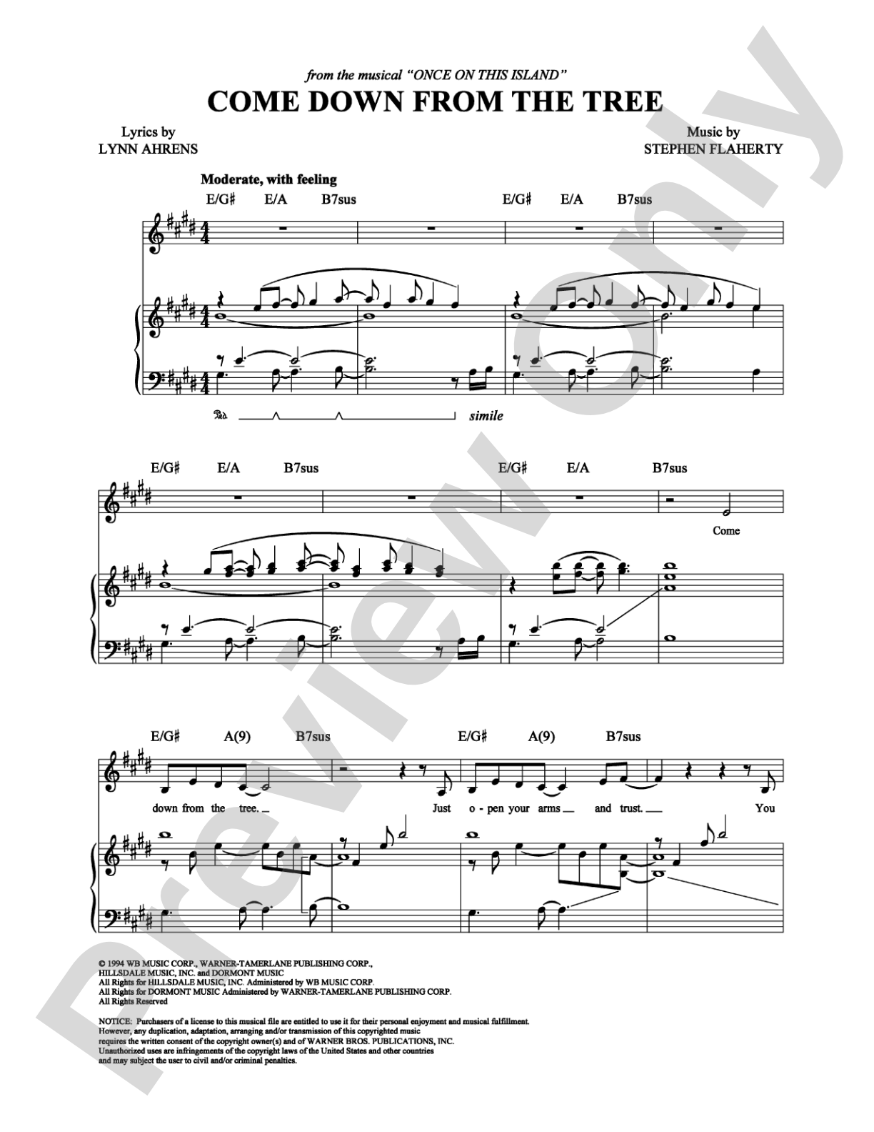 Come Down from the Tree: Piano/Vocal/Chords Digital Sheet Music
