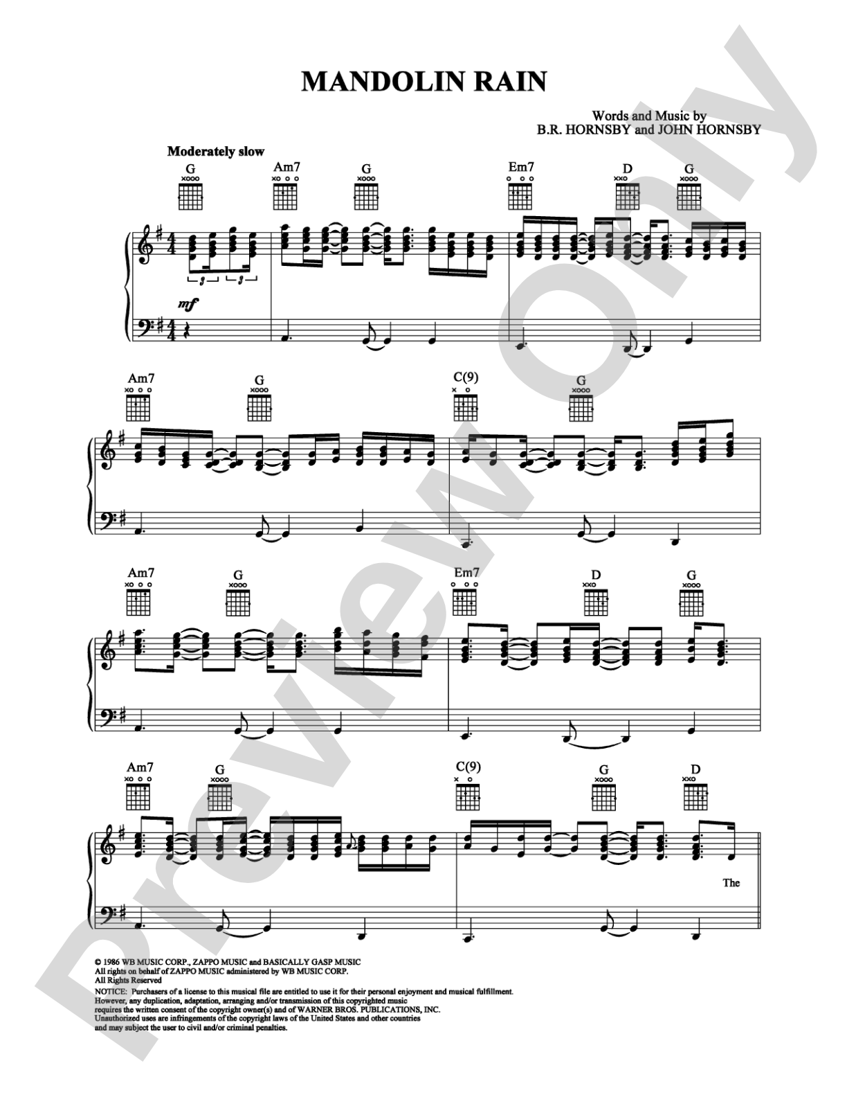 Mandolin Rain: Piano/Vocal/Chords Digital Sheet Music