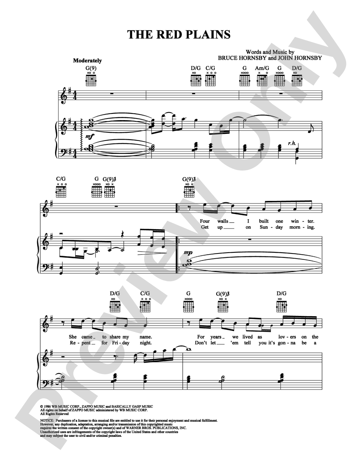 The Red Plains: Piano/Vocal/Chords Digital Sheet Music