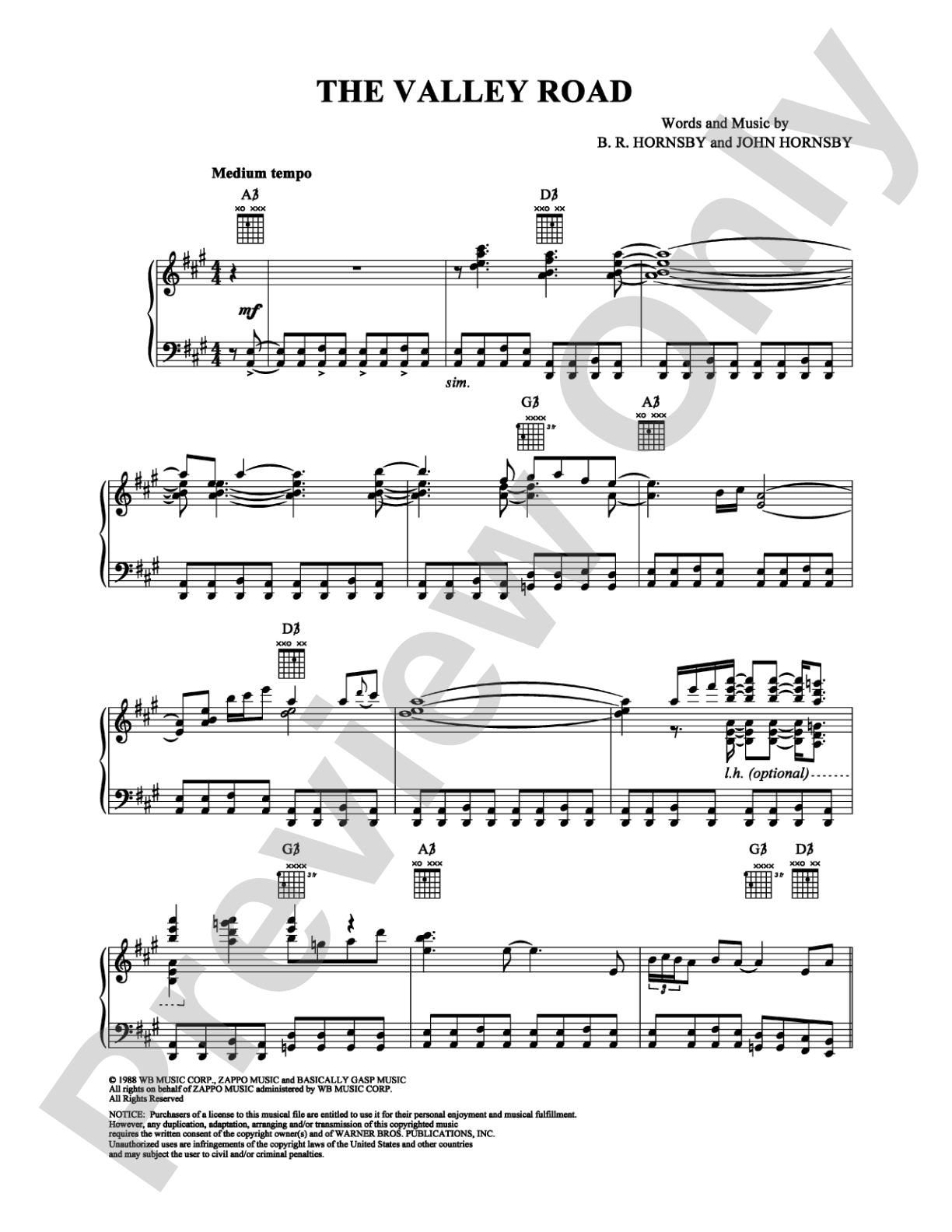 The Valley Road: Piano/Vocal/Chords Digital Sheet Music