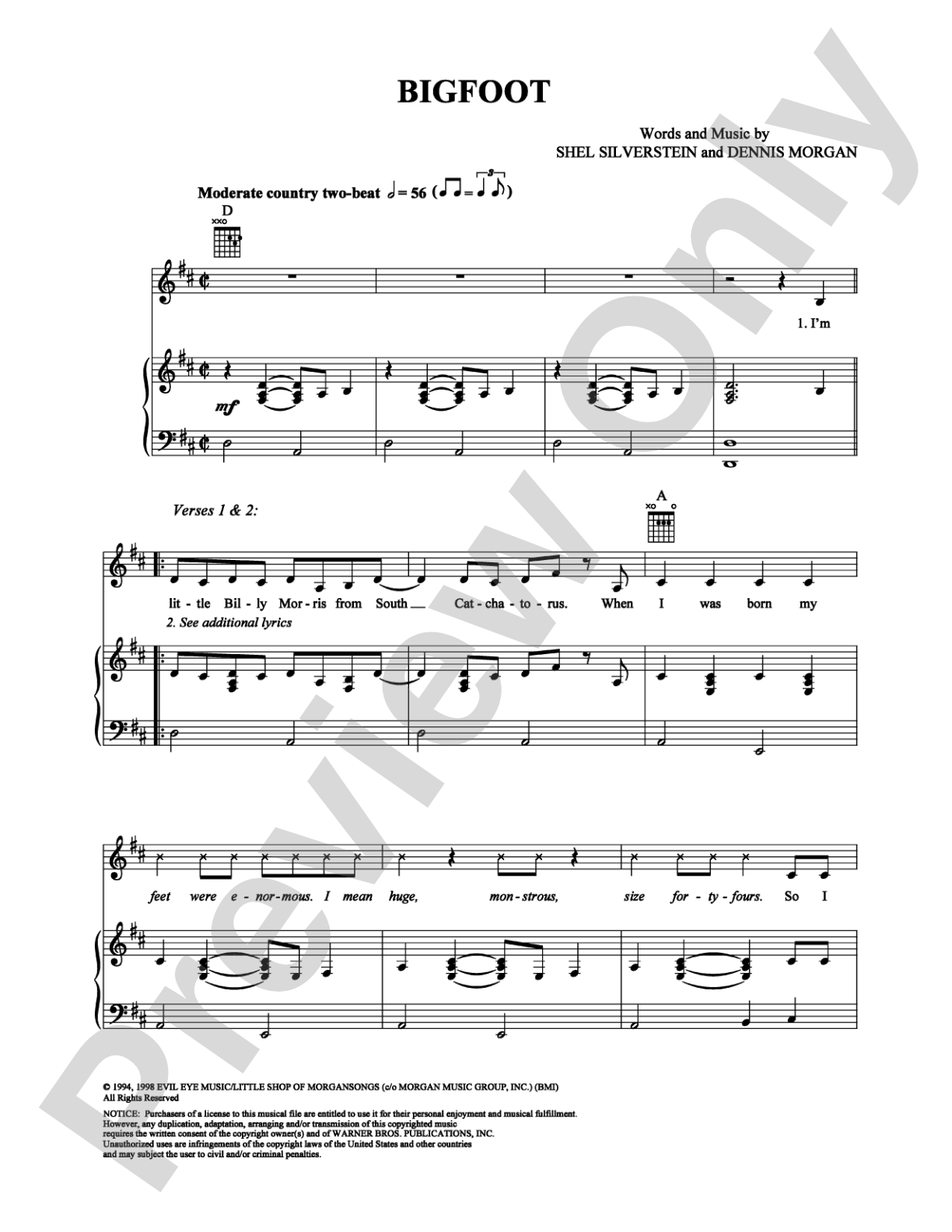 Bigfoot: Piano/Vocal/Chords Digital Sheet Music